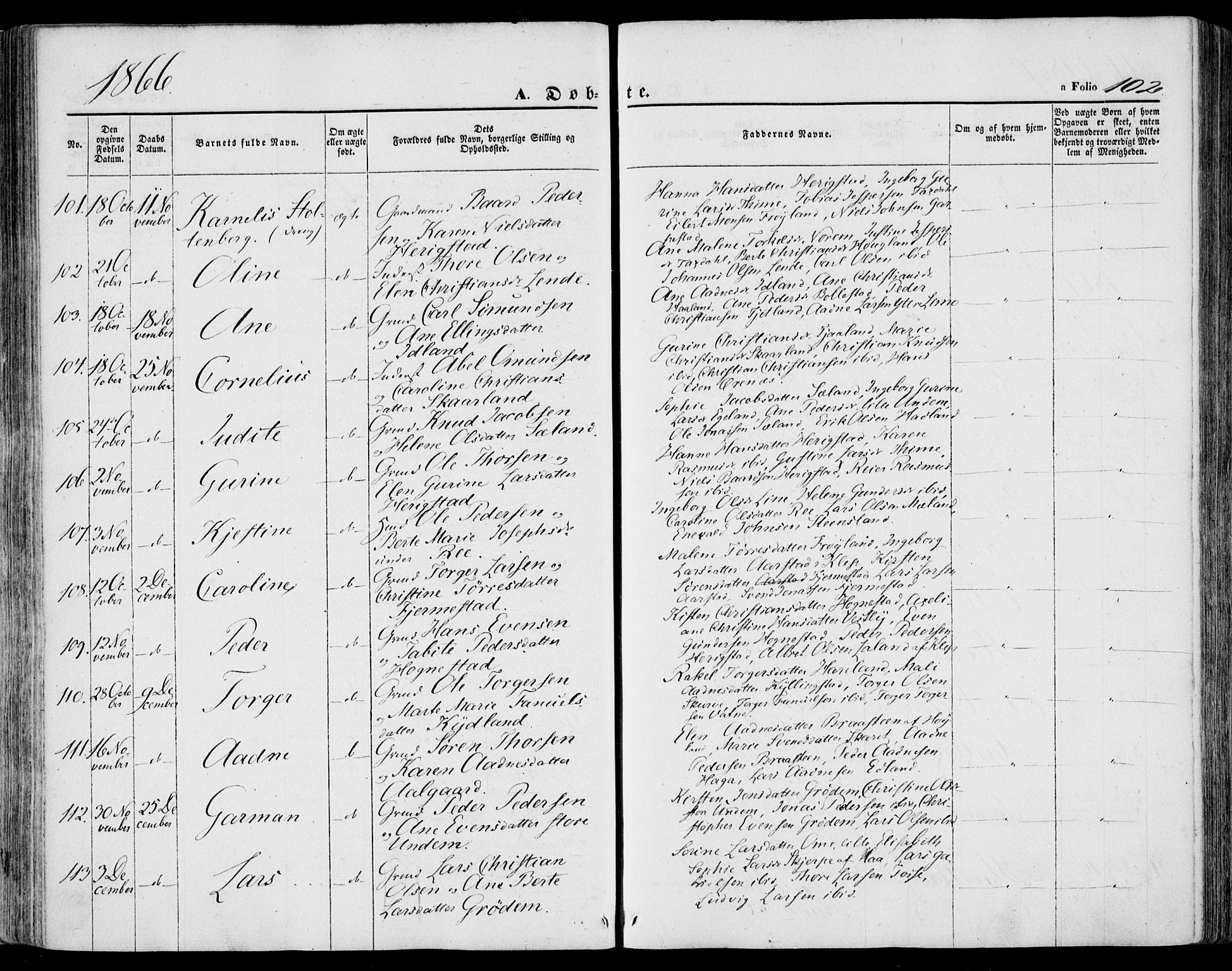 Lye sokneprestkontor, SAST/A-101794/001/30BA/L0007: Parish register (official) no. A 6, 1856-1871, p. 102