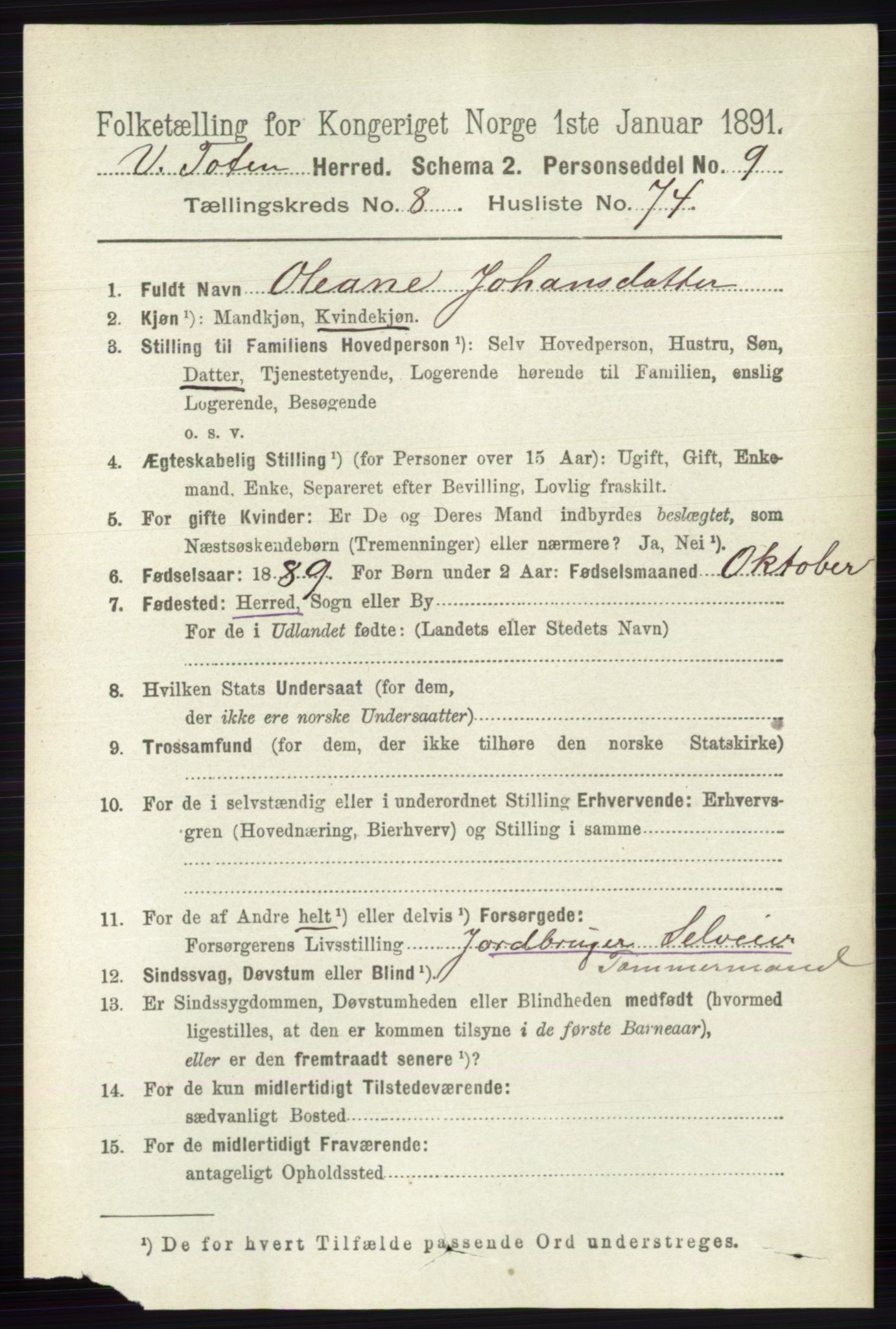 RA, 1891 census for 0529 Vestre Toten, 1891, p. 5425