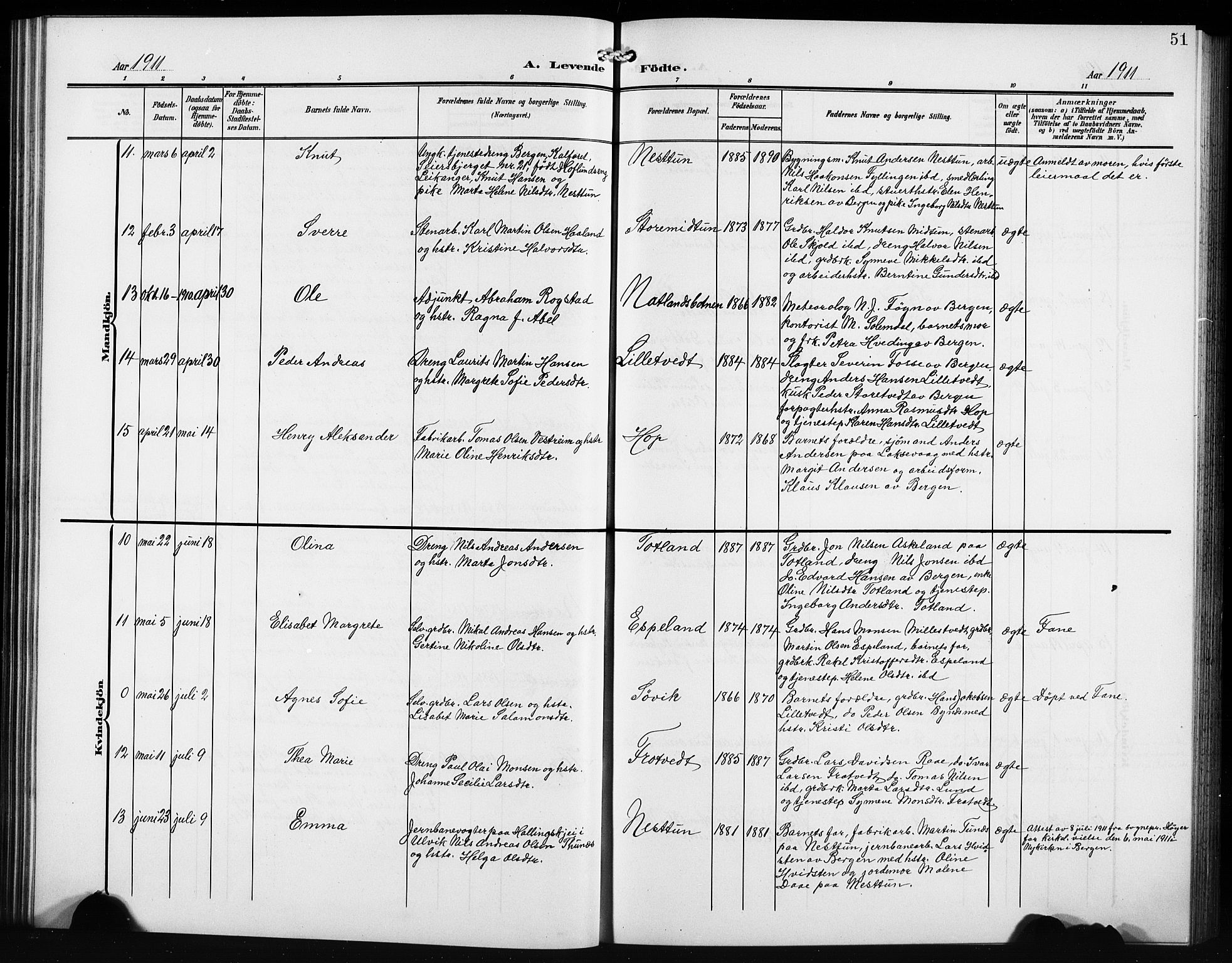 Birkeland Sokneprestembete, AV/SAB-A-74601/H/Hab: Parish register (copy) no. A 6, 1906-1915, p. 51