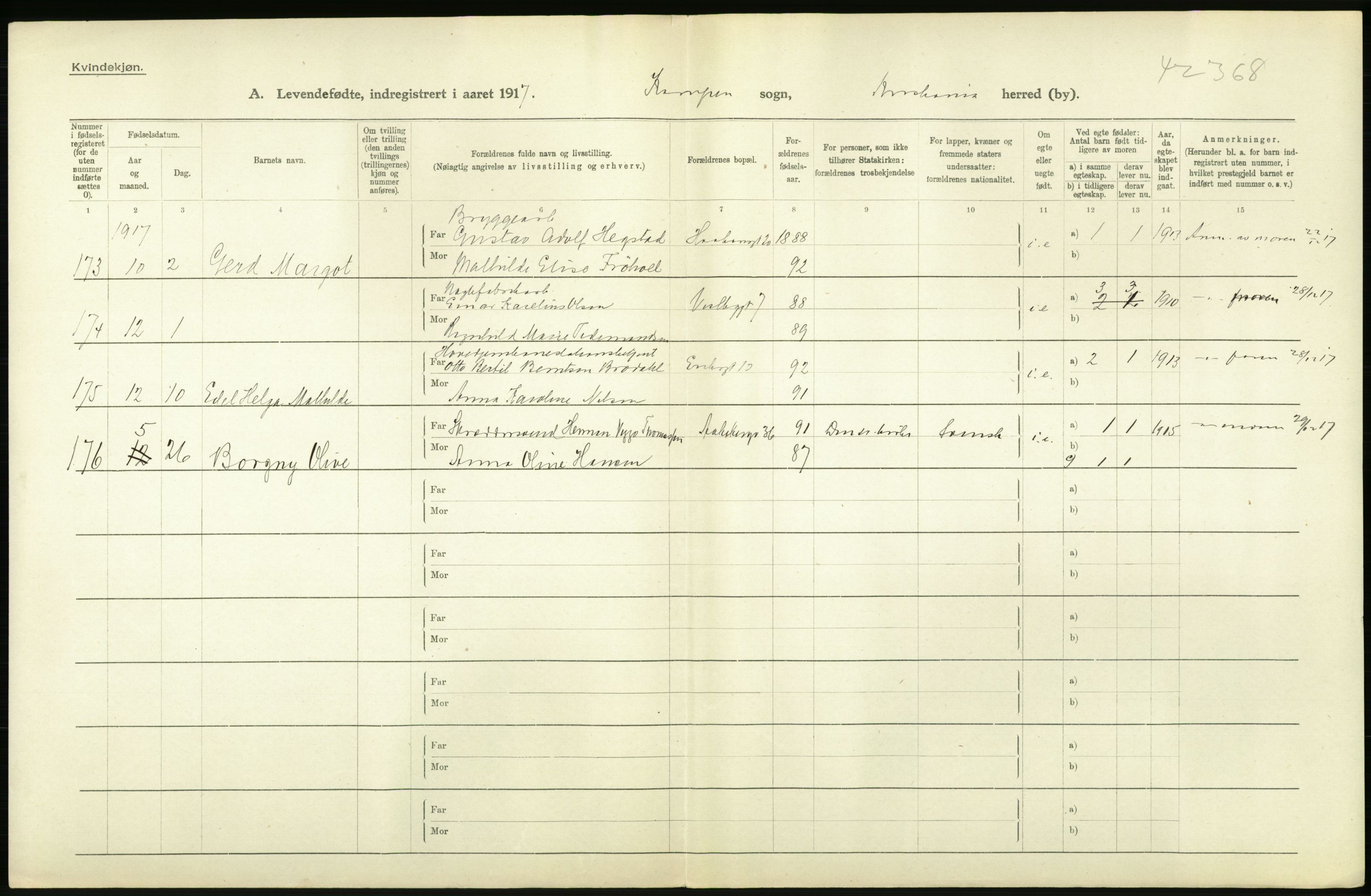 Statistisk sentralbyrå, Sosiodemografiske emner, Befolkning, AV/RA-S-2228/D/Df/Dfb/Dfbg/L0007: Kristiania: Levendefødte menn og kvinner., 1917, p. 518