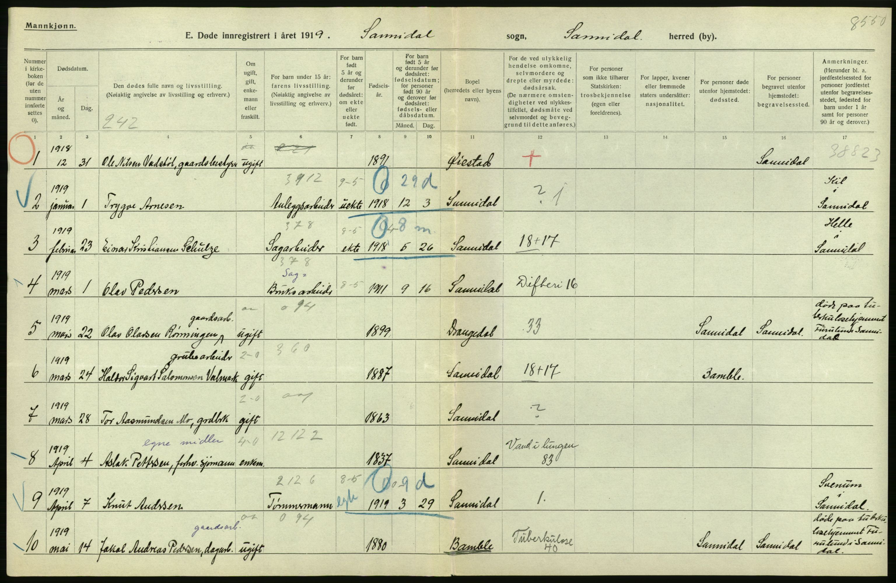 Statistisk sentralbyrå, Sosiodemografiske emner, Befolkning, RA/S-2228/D/Df/Dfb/Dfbi/L0023: Telemark fylke: Døde. Bygder og byer., 1919, p. 10