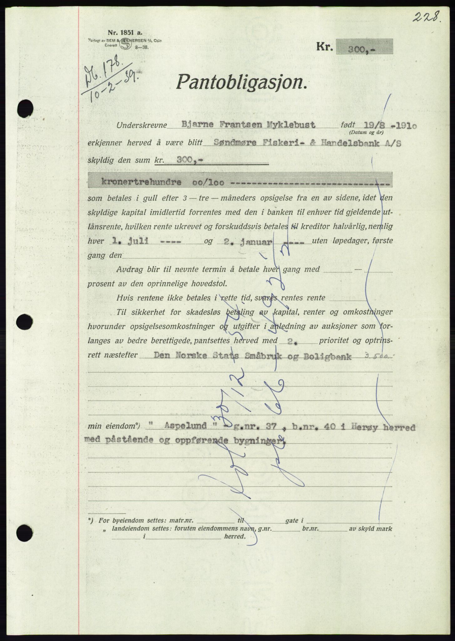 Søre Sunnmøre sorenskriveri, AV/SAT-A-4122/1/2/2C/L0067: Mortgage book no. 61, 1938-1939, Diary no: : 178/1939