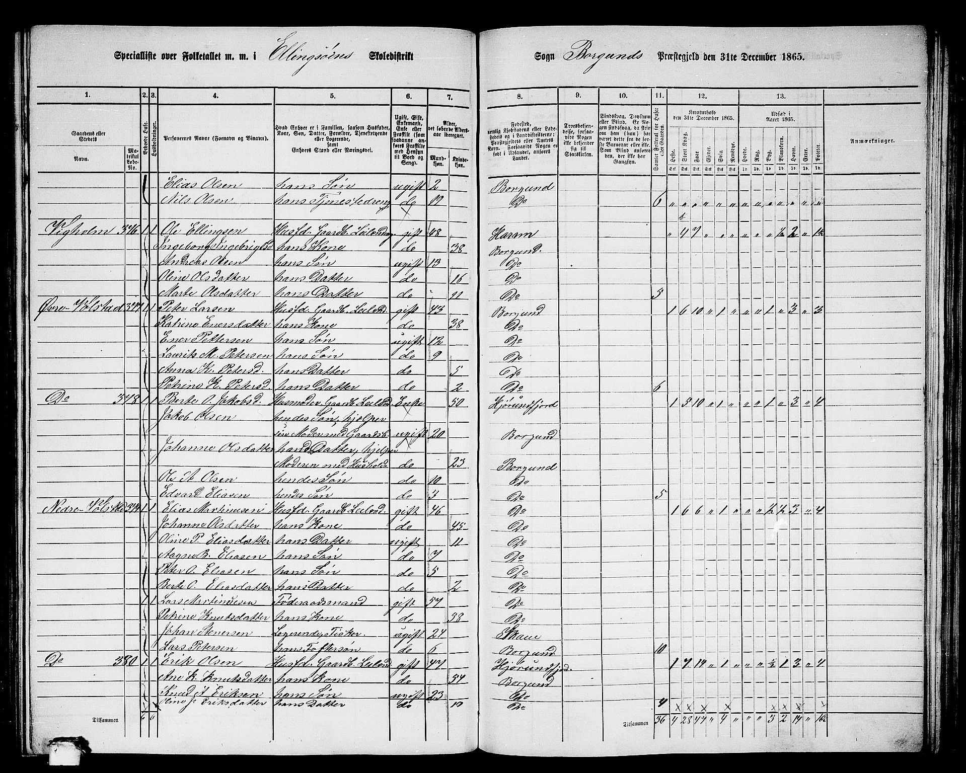 RA, 1865 census for Borgund, 1865, p. 197