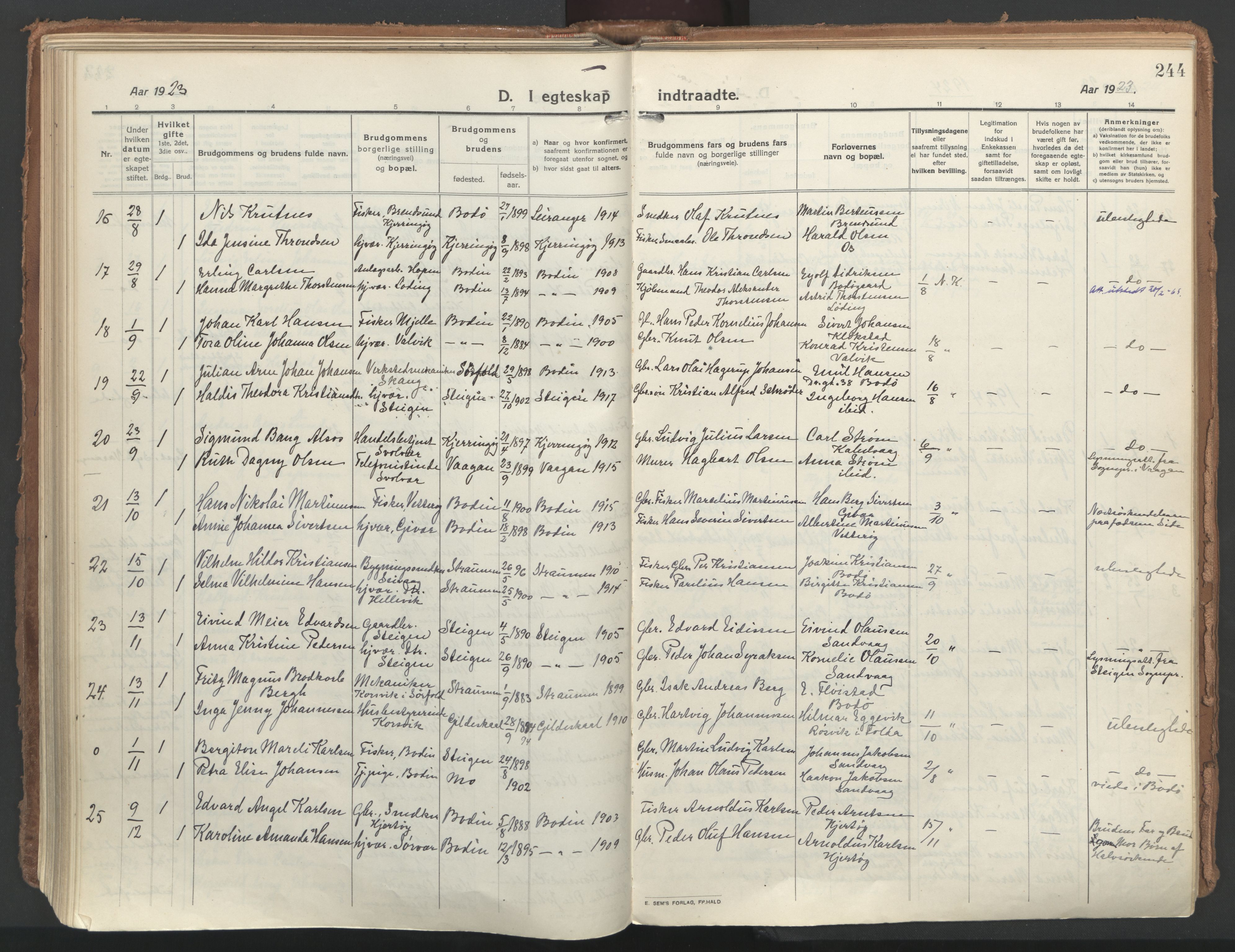 Ministerialprotokoller, klokkerbøker og fødselsregistre - Nordland, SAT/A-1459/802/L0060: Parish register (official) no. 802A07, 1916-1933, p. 244