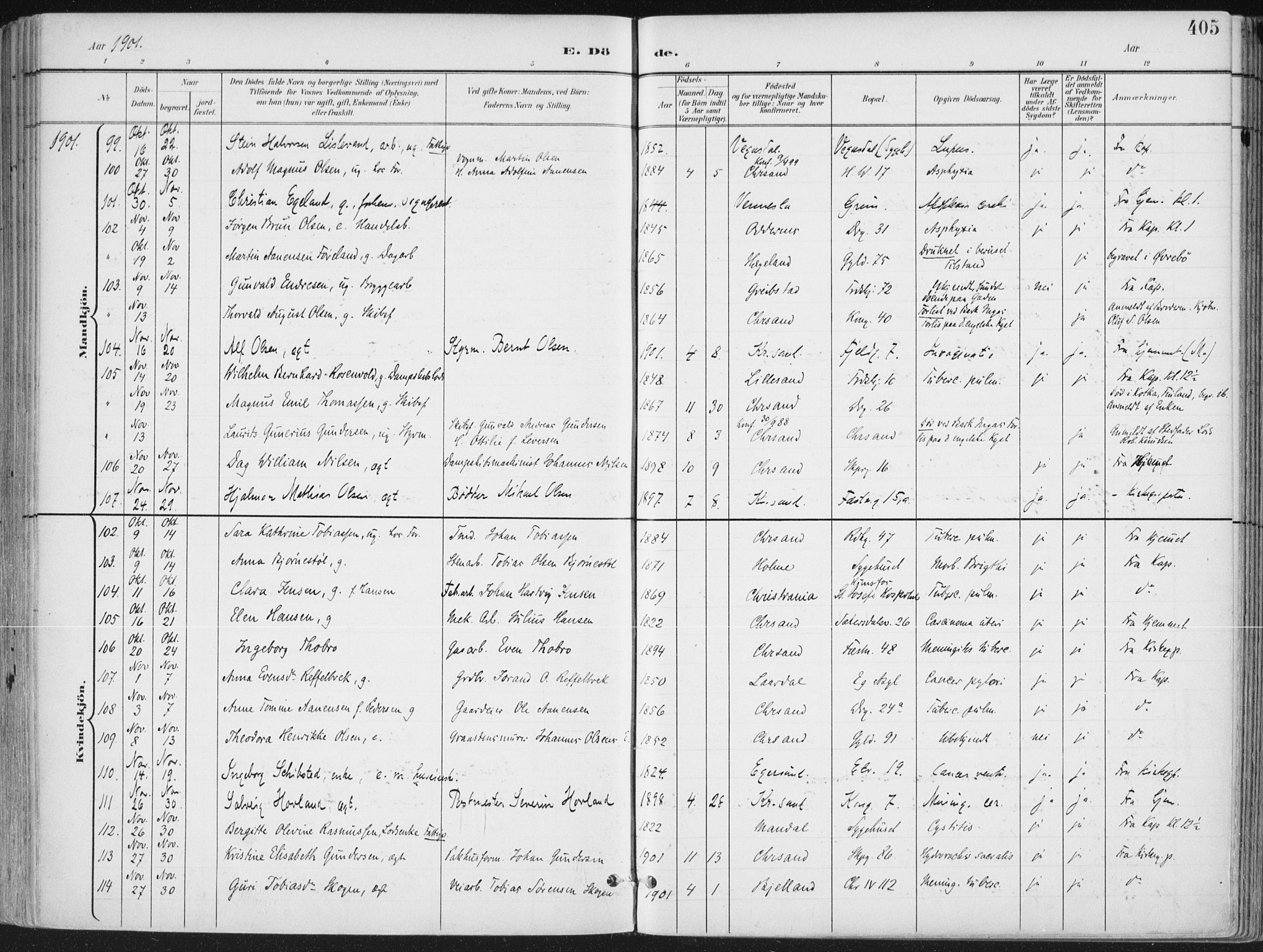 Kristiansand domprosti, AV/SAK-1112-0006/F/Fa/L0021: Parish register (official) no. A 20, 1898-1908, p. 405