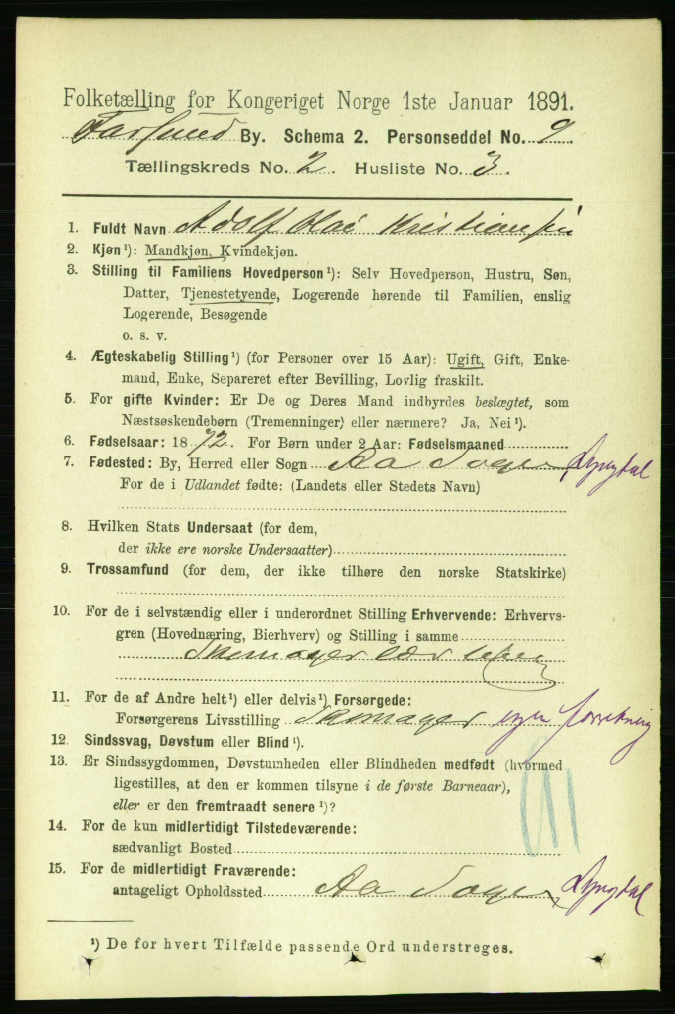 RA, 1891 census for 1003 Farsund, 1891, p. 987