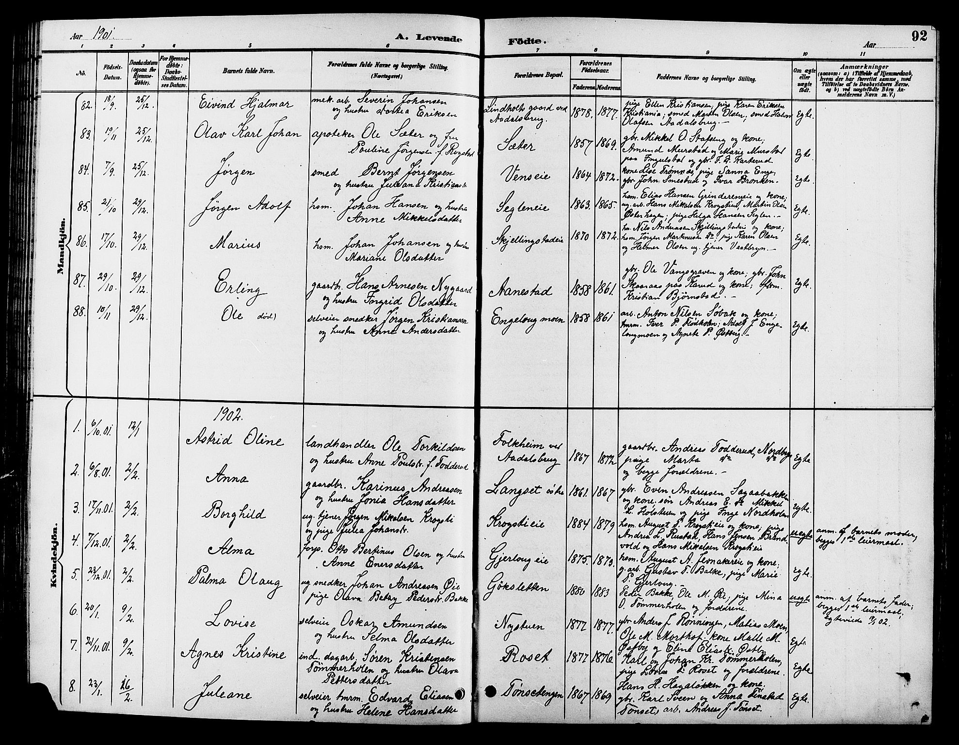 Løten prestekontor, SAH/PREST-022/L/La/L0006: Parish register (copy) no. 6, 1892-1909, p. 92
