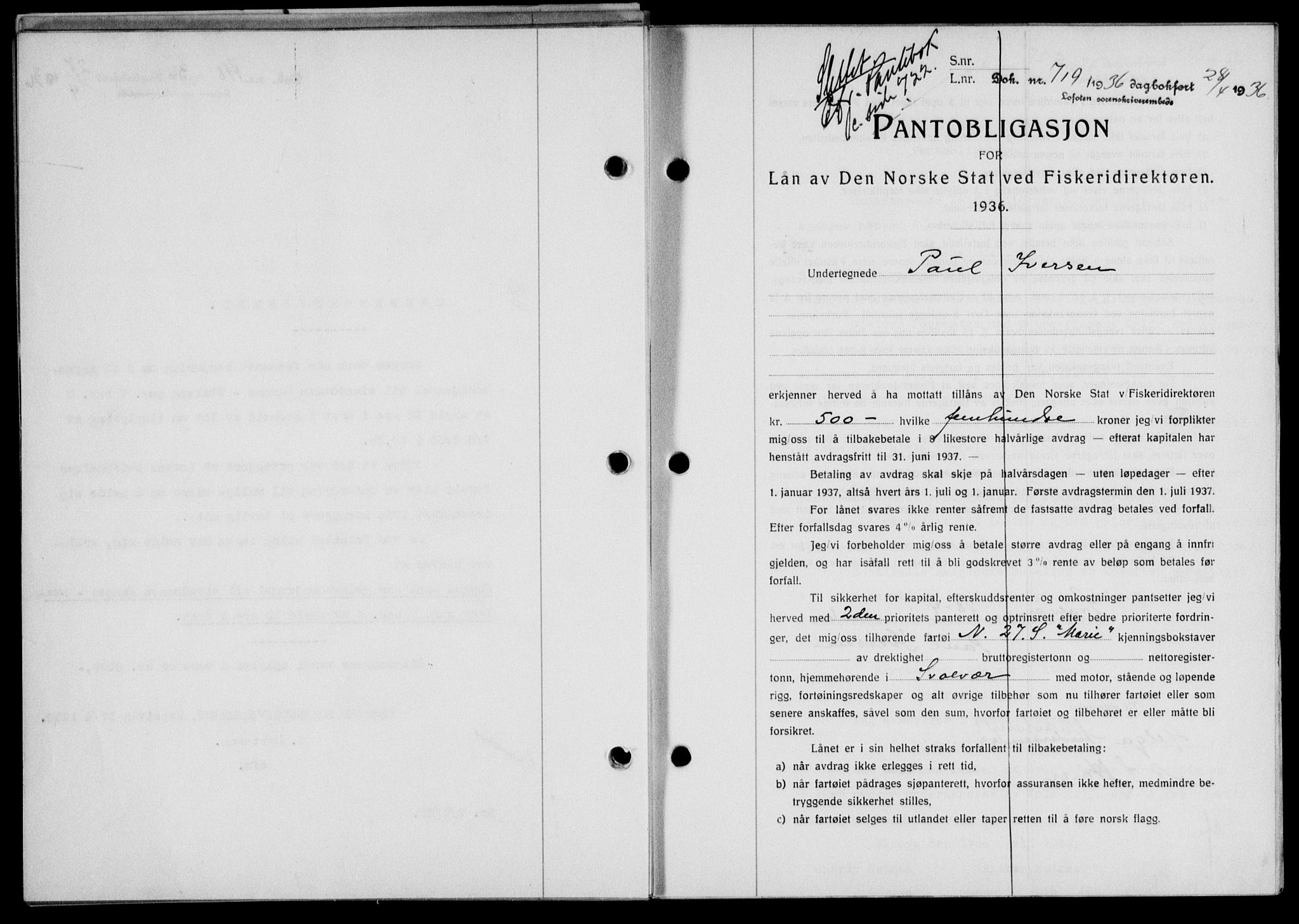 Lofoten sorenskriveri, SAT/A-0017/1/2/2C/L0033b: Mortgage book no. 33b, 1936-1936, Diary no: : 719/1936