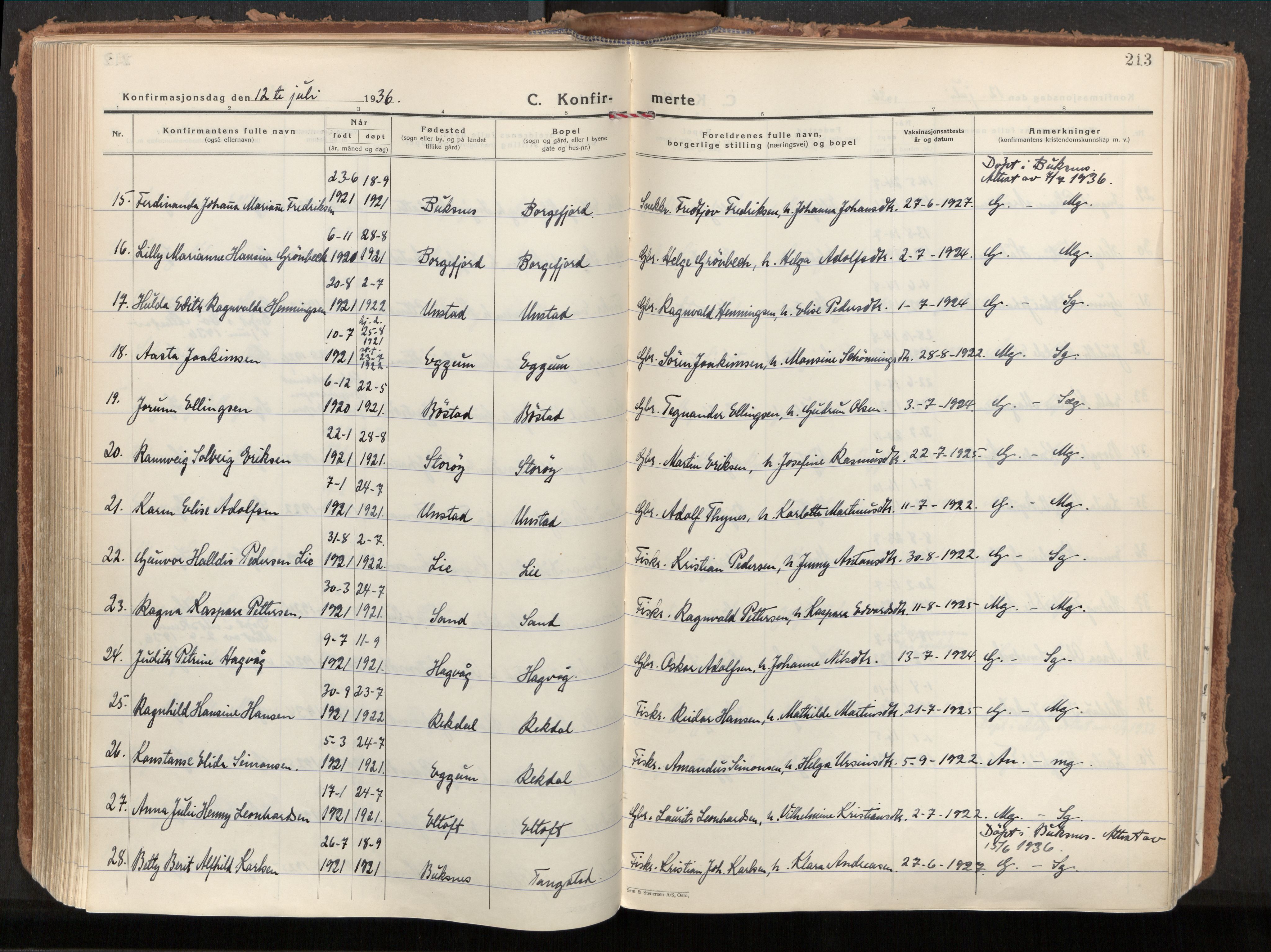 Ministerialprotokoller, klokkerbøker og fødselsregistre - Nordland, AV/SAT-A-1459/880/L1137: Parish register (official) no. 880A11, 1927-1944, p. 213