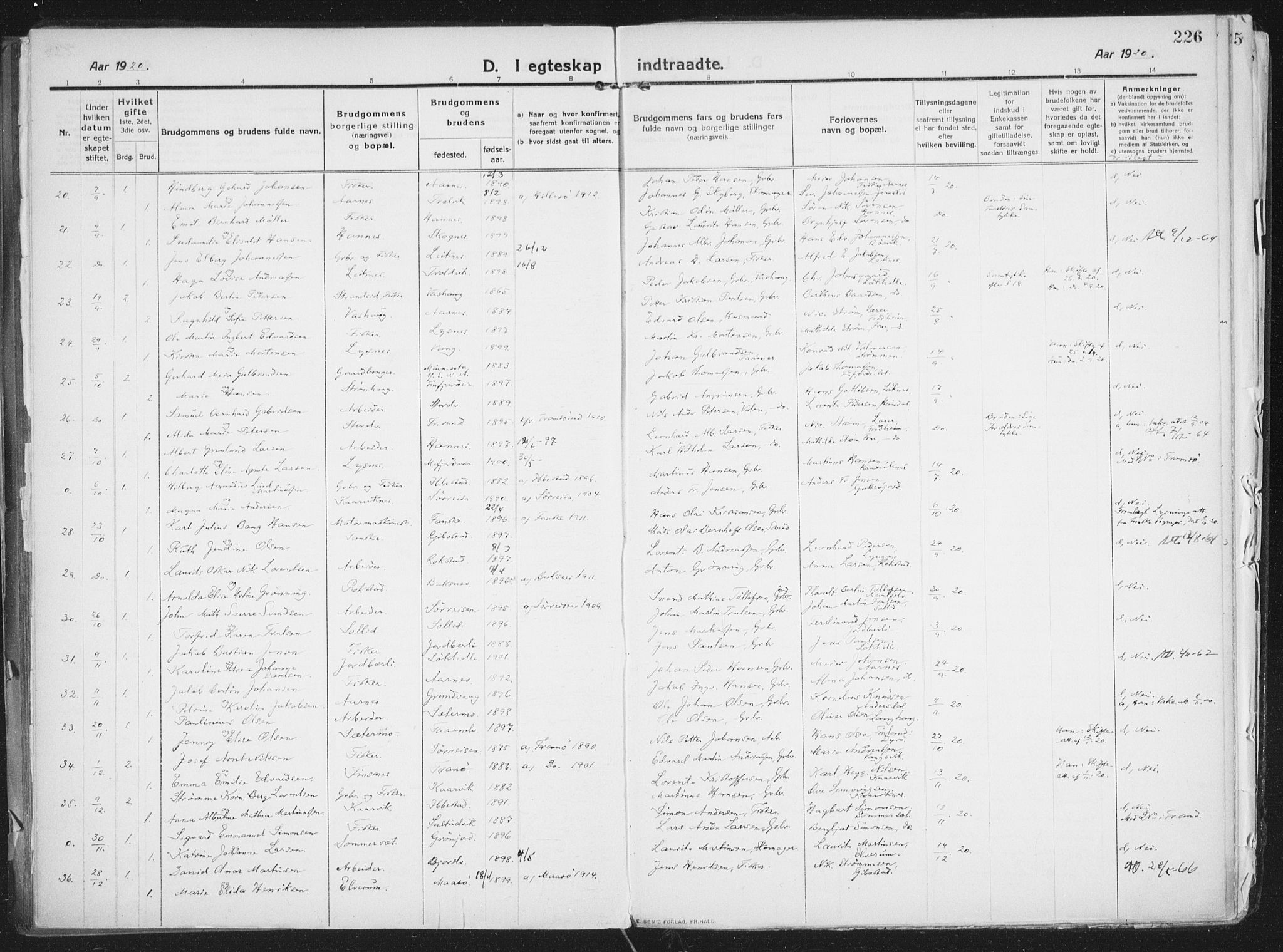 Lenvik sokneprestembete, SATØ/S-1310/H/Ha/Haa/L0016kirke: Parish register (official) no. 16, 1910-1924, p. 226