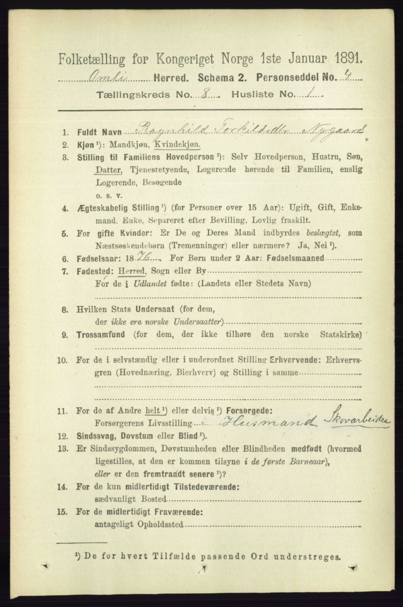 RA, 1891 census for 0929 Åmli, 1891, p. 1111