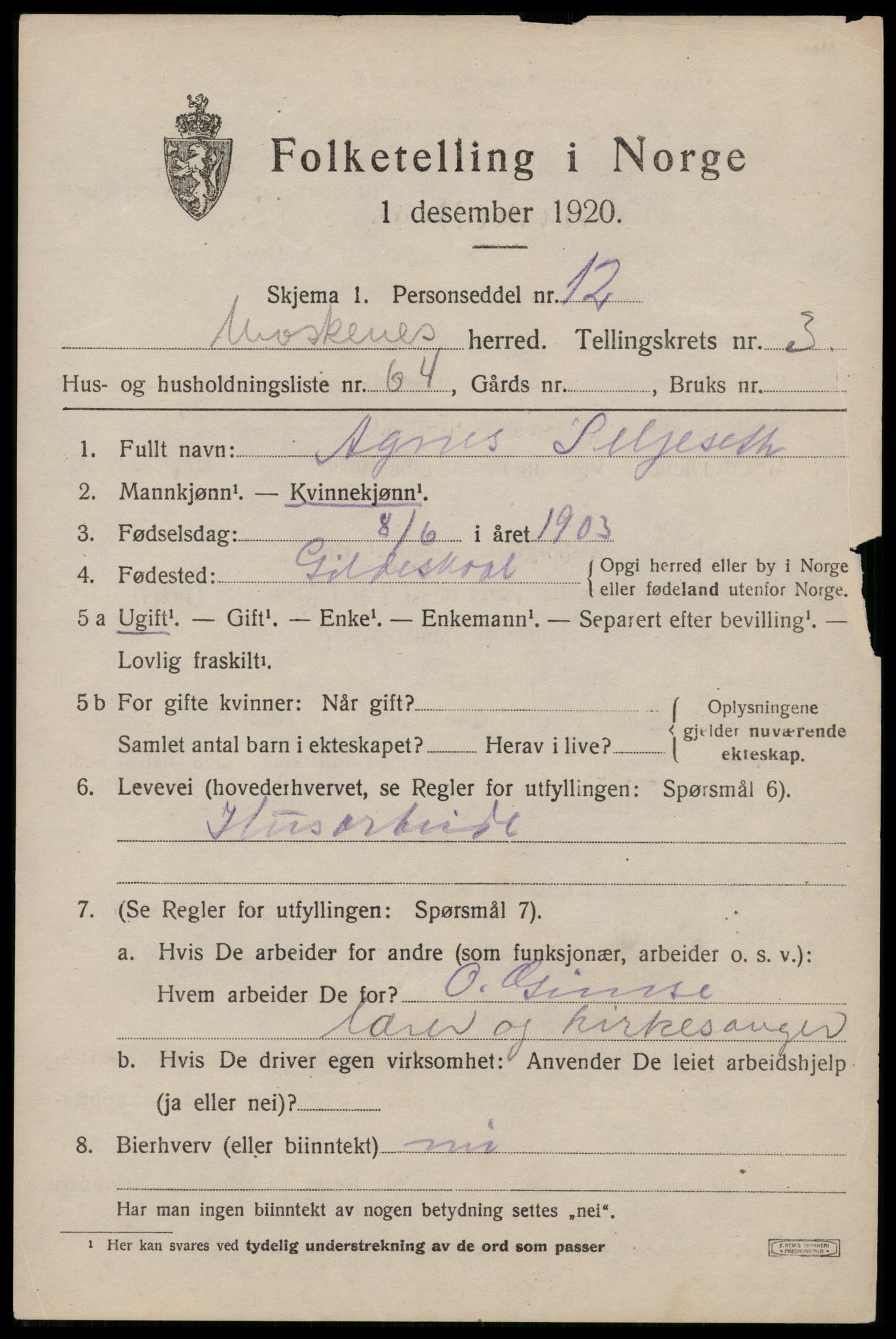 SAT, 1920 census for Moskenes, 1920, p. 2520