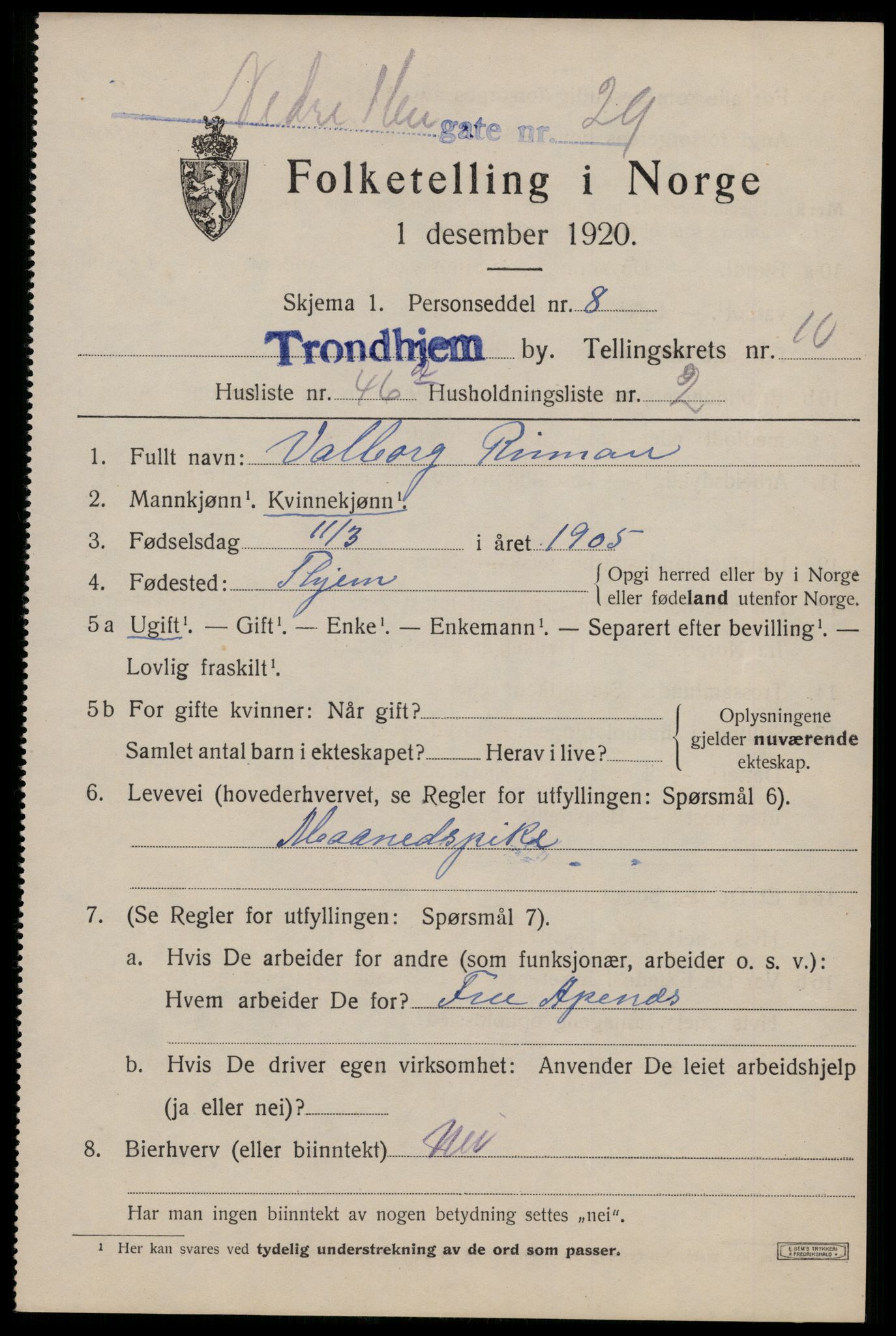 SAT, 1920 census for Trondheim, 1920, p. 46068