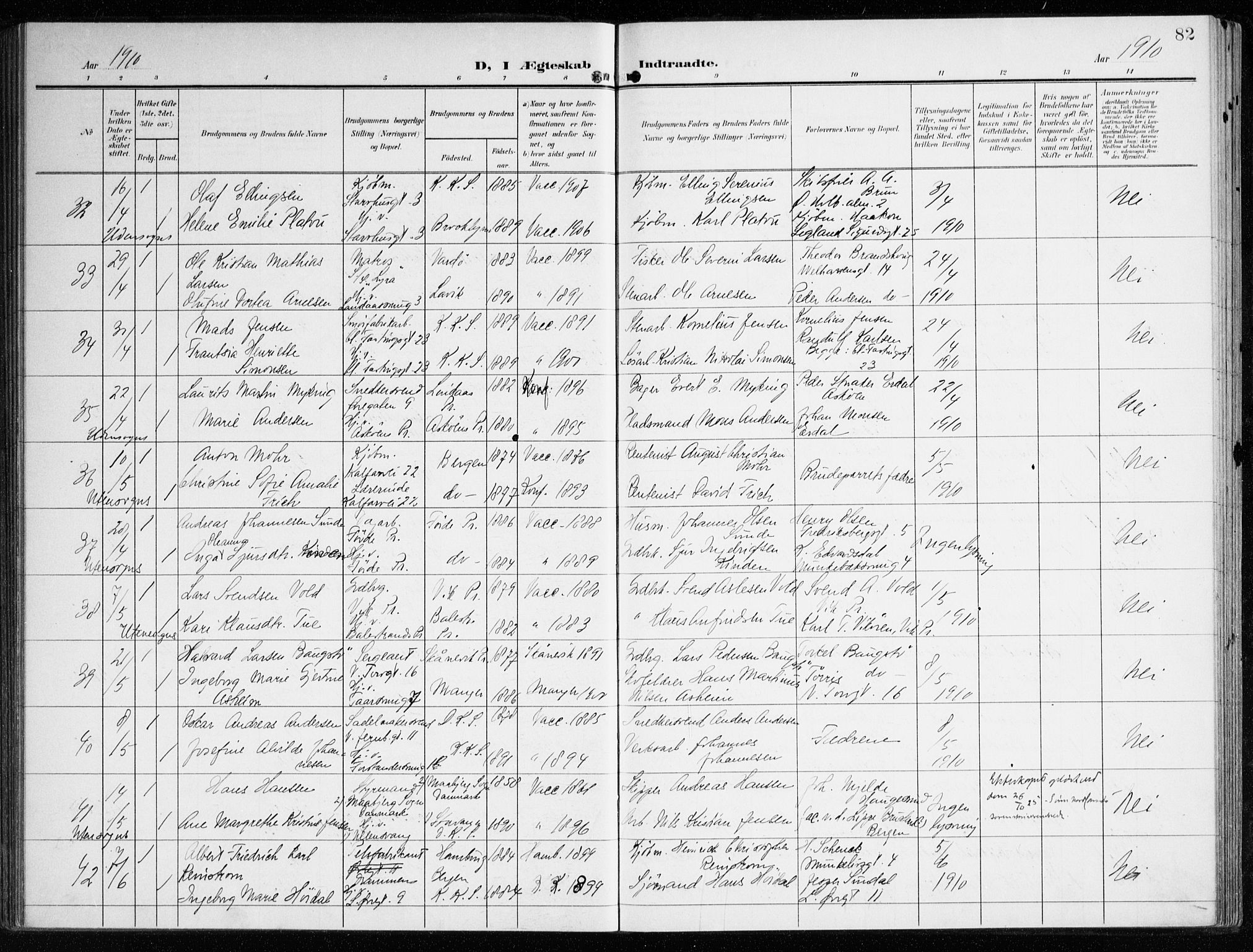 Korskirken sokneprestembete, AV/SAB-A-76101/H/Haa/L0038: Parish register (official) no. D 5, 1904-1919, p. 82