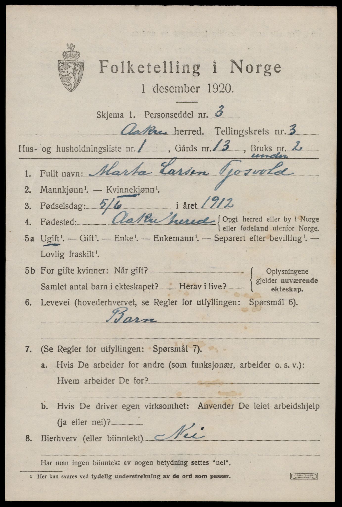 SAST, 1920 census for Åkra, 1920, p. 4330