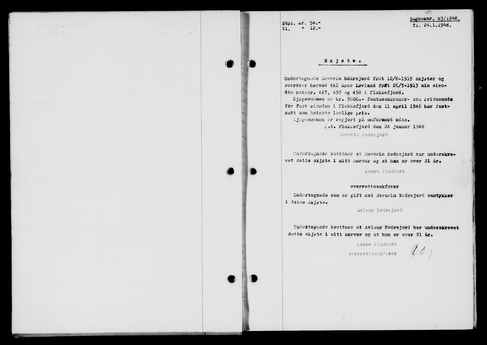Flekkefjord sorenskriveri, SAK/1221-0001/G/Gb/Gba/L0063: Mortgage book no. A-11, 1947-1948, Diary no: : 63/1948