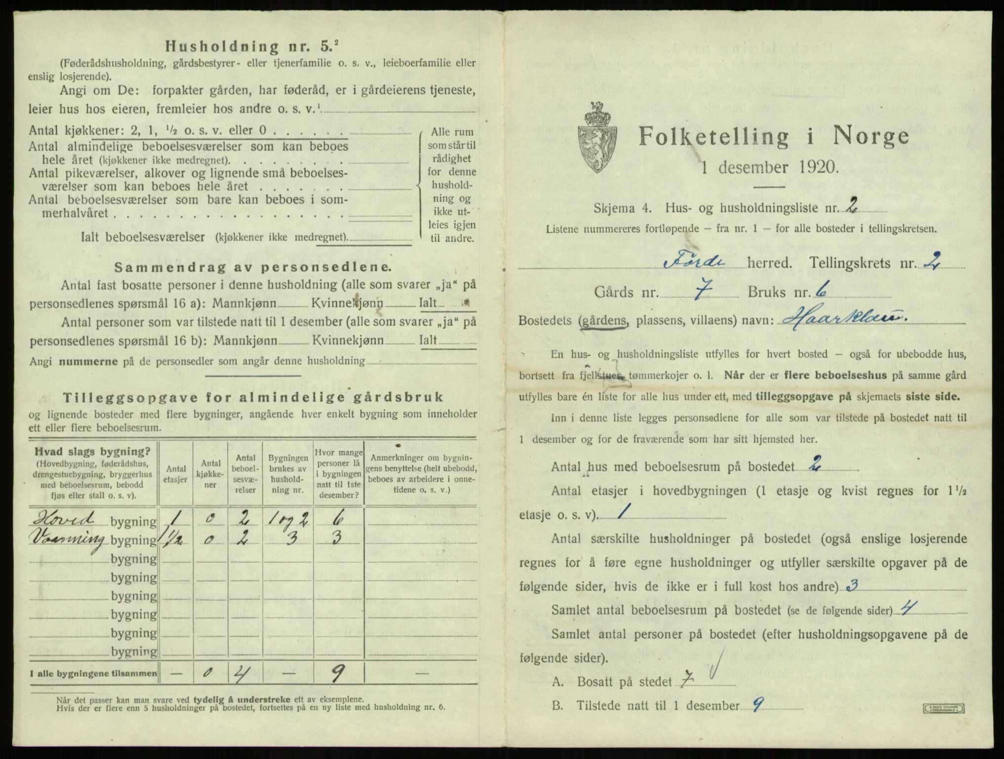 SAB, 1920 census for Førde, 1920, p. 115