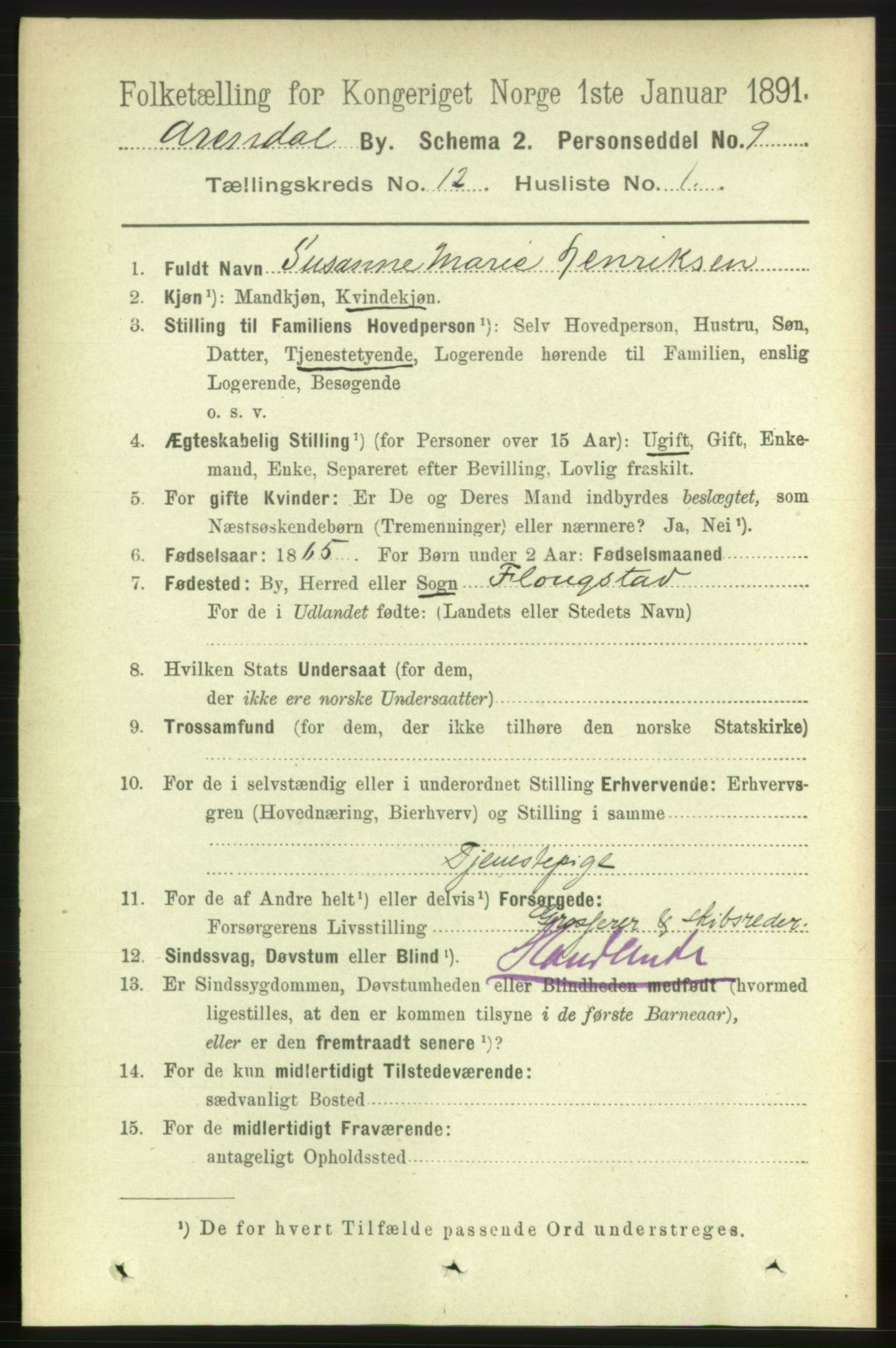 RA, 1891 census for 0903 Arendal, 1891, p. 4193