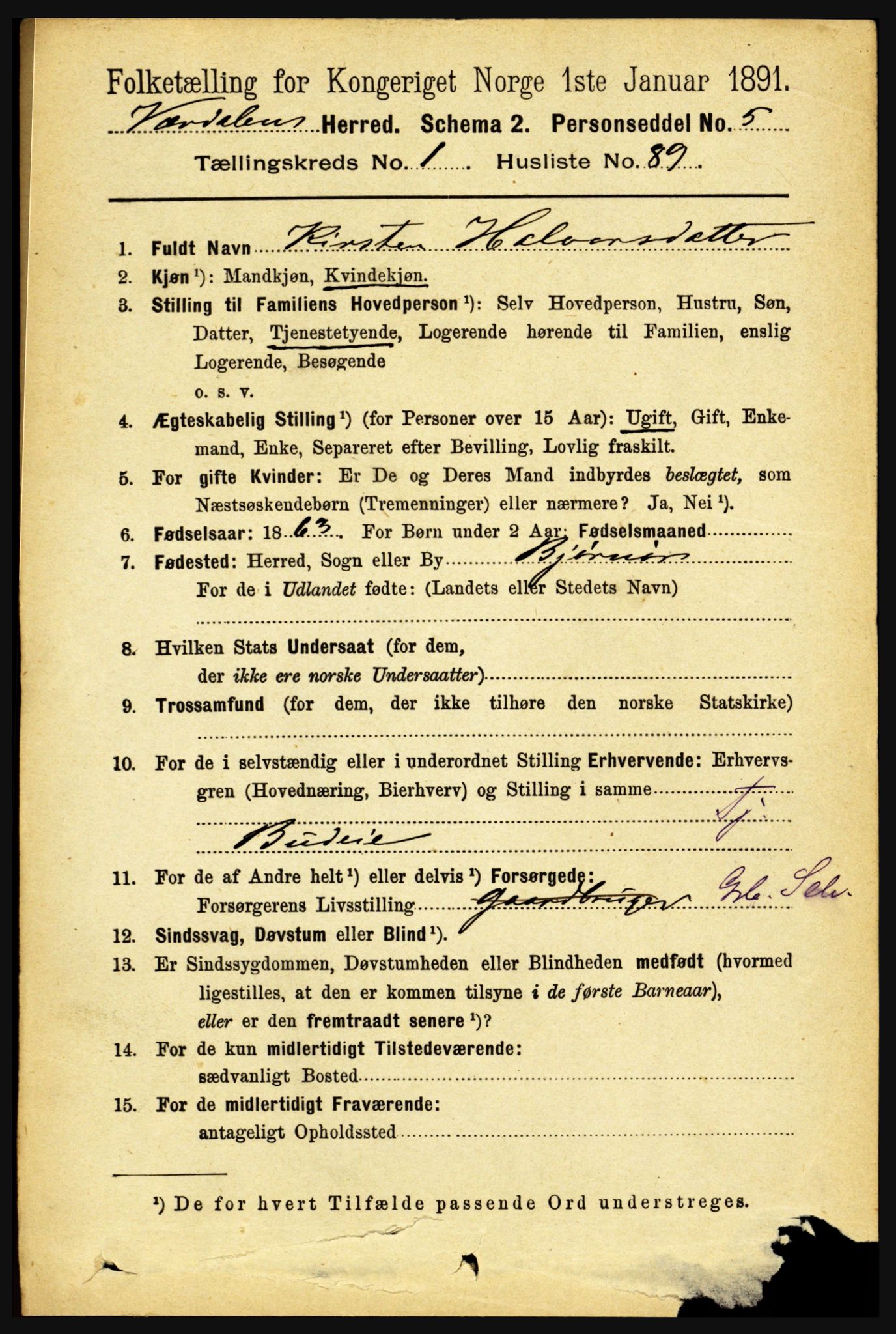 RA, 1891 census for 1721 Verdal, 1891, p. 611