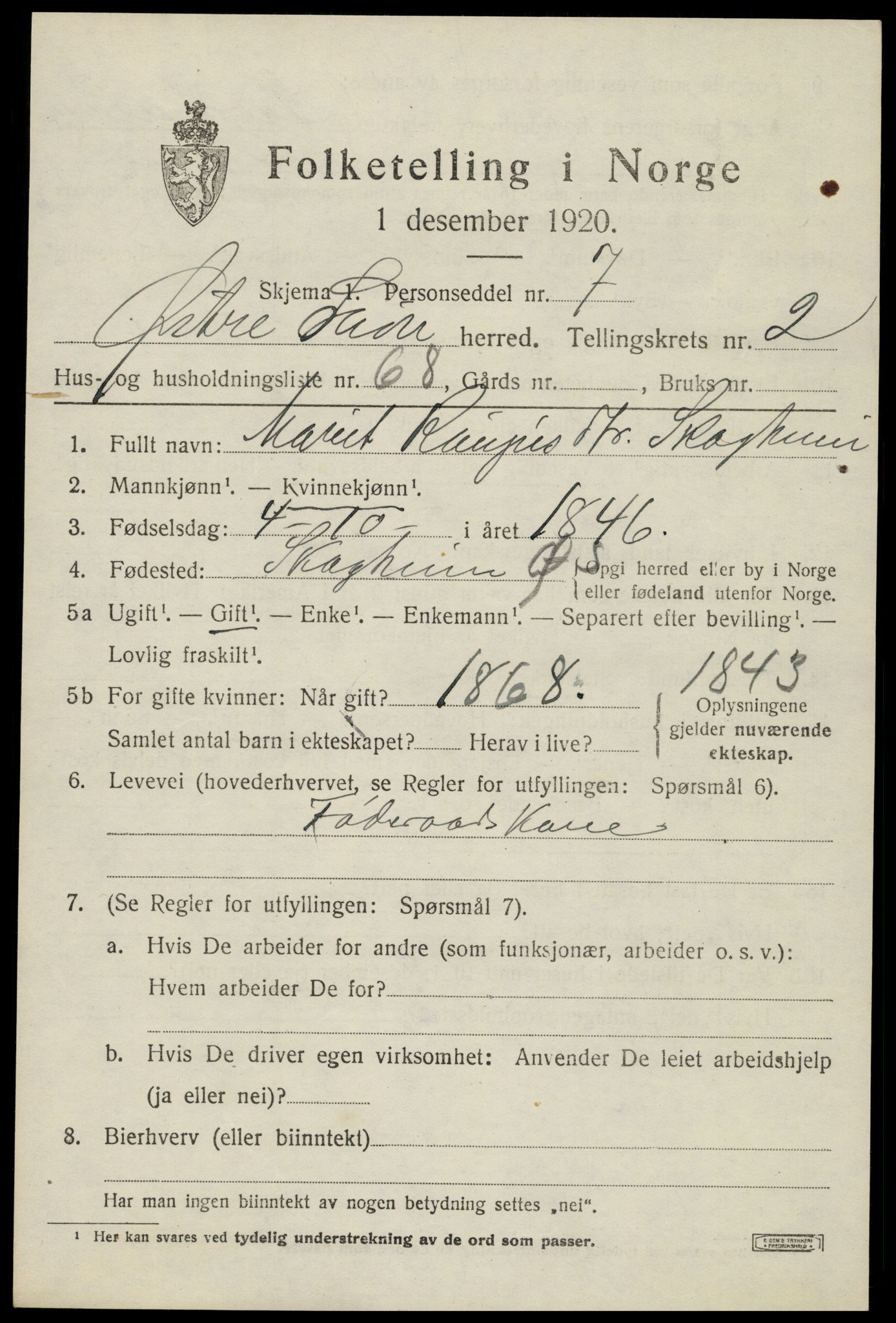 SAH, 1920 census for Øystre Slidre, 1920, p. 2167