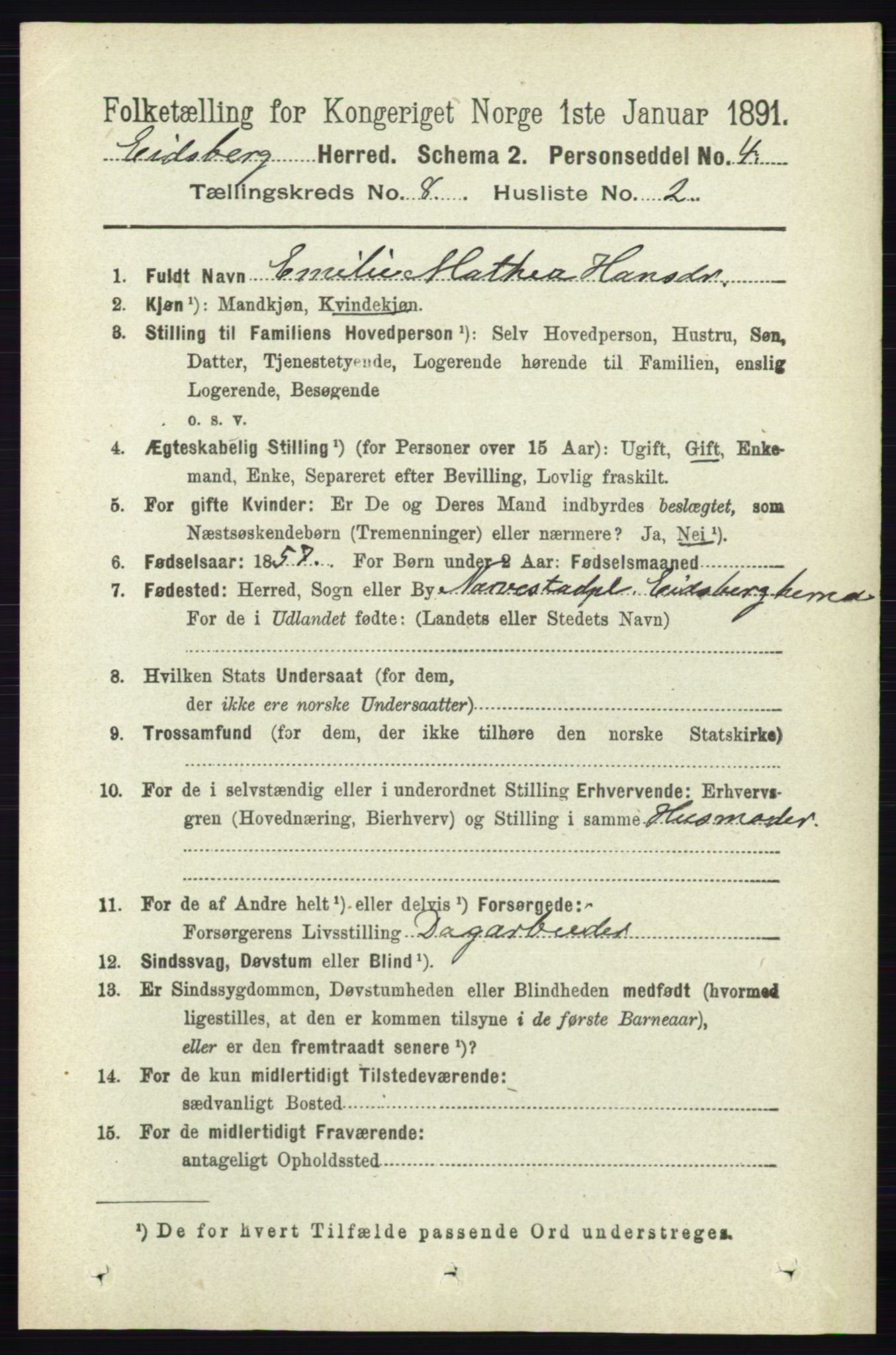 RA, 1891 census for 0125 Eidsberg, 1891, p. 4645