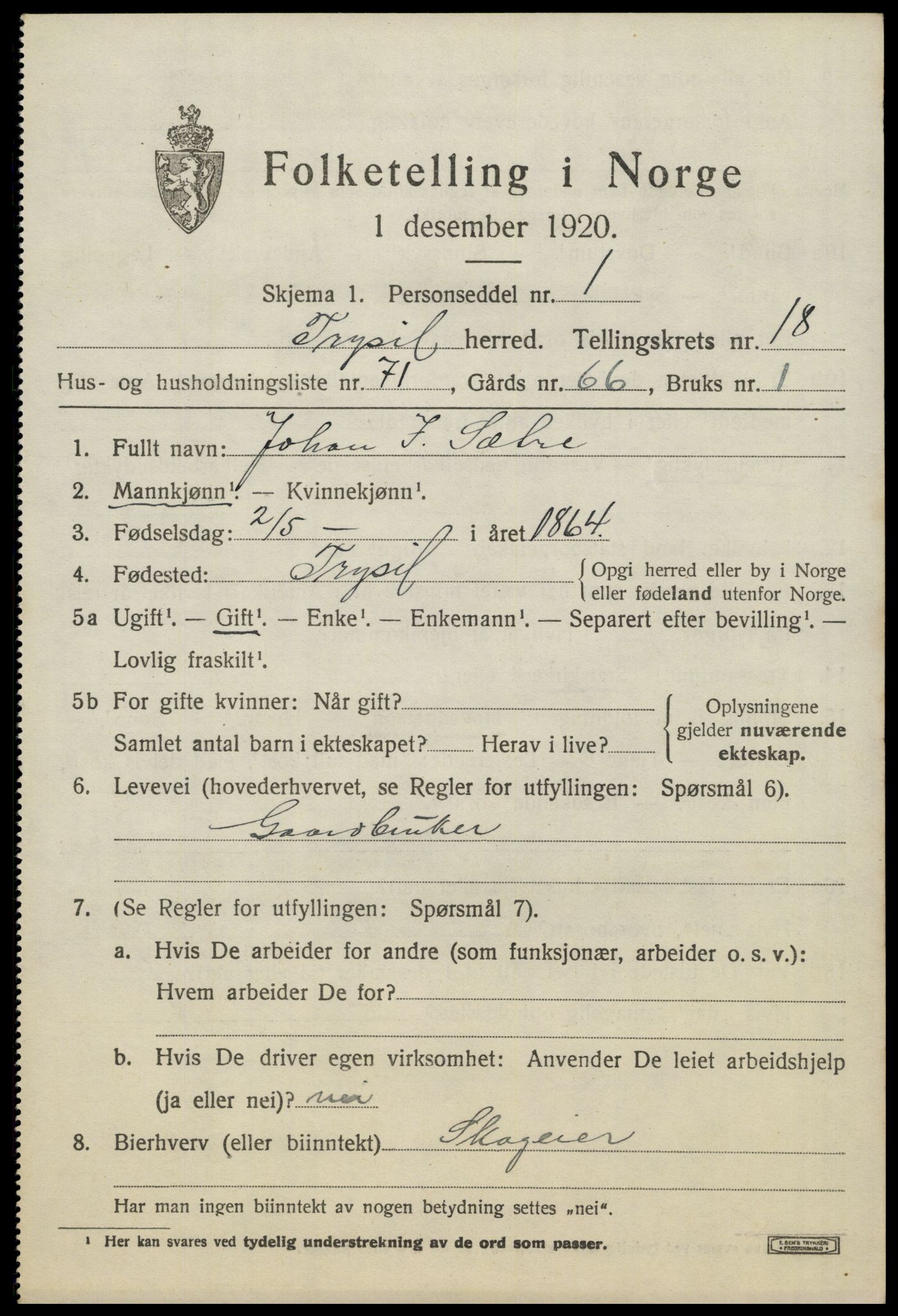 SAH, 1920 census for Trysil, 1920, p. 12617