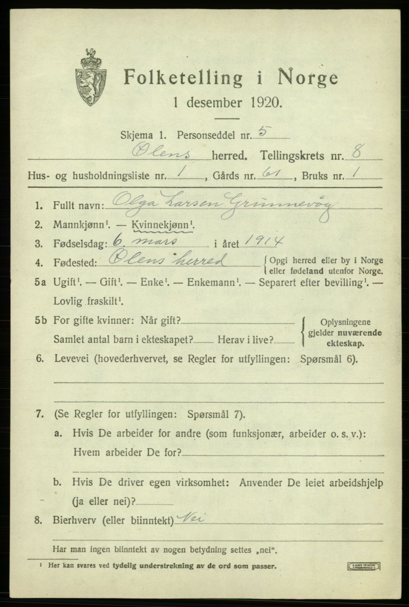 SAB, 1920 census for Ølen, 1920, p. 3403