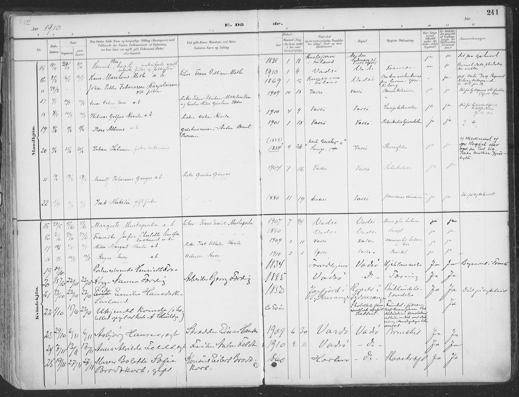 Vadsø sokneprestkontor, AV/SATØ-S-1325/H/Ha/L0007kirke: Parish register (official) no. 7, 1896-1916, p. 241