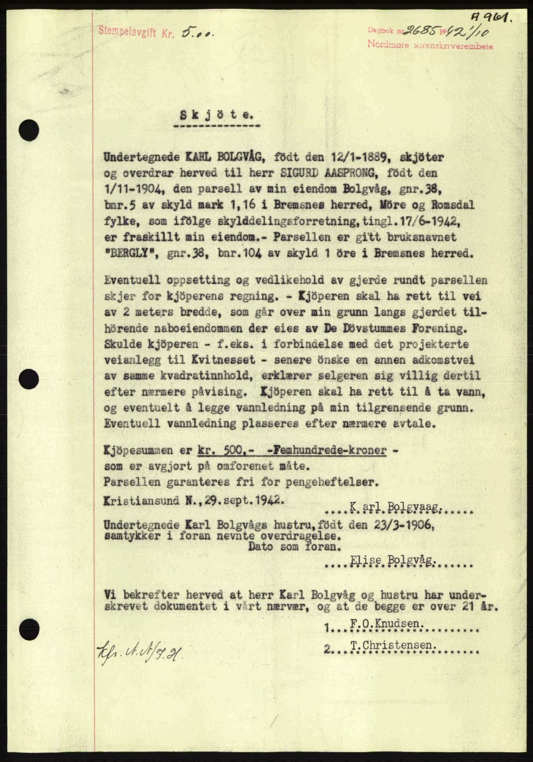 Nordmøre sorenskriveri, AV/SAT-A-4132/1/2/2Ca: Mortgage book no. A93, 1942-1942, Diary no: : 2685/1942