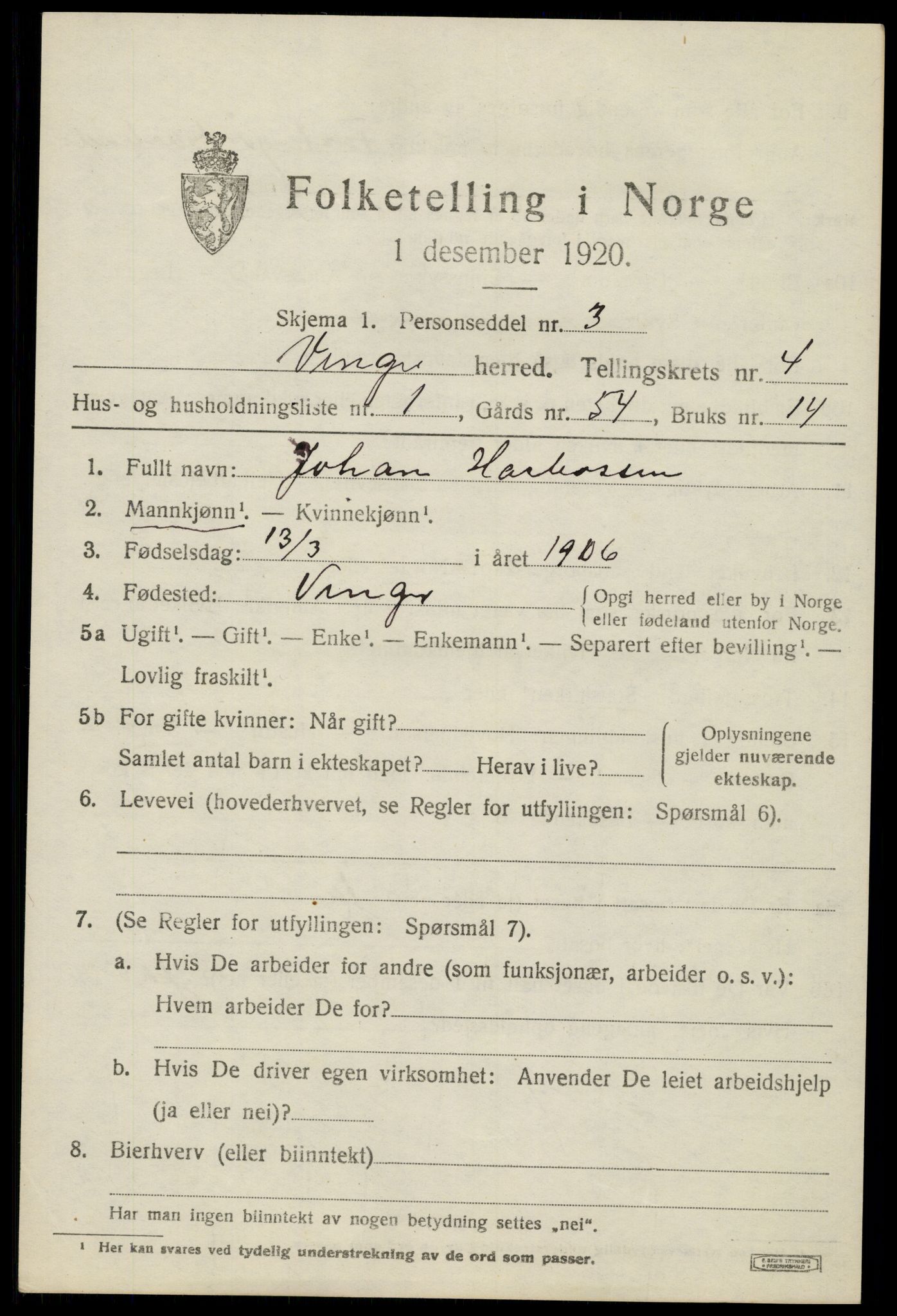 SAH, 1920 census for Vinger, 1920, p. 5230