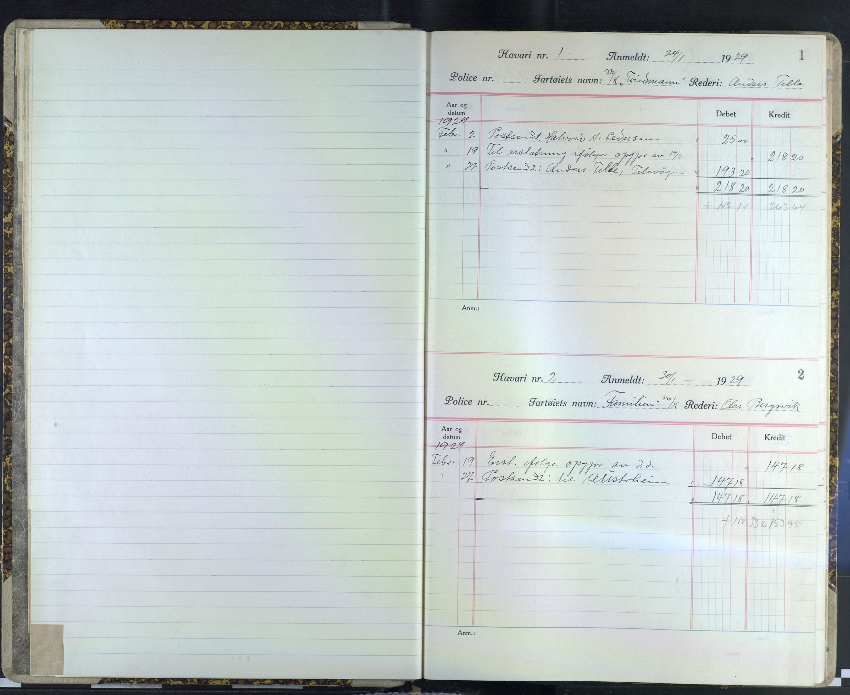 Jondal Skipsassuranseforening, SAB/SAB/PA-0276/E/L0012: Havaribok , 1929-1940