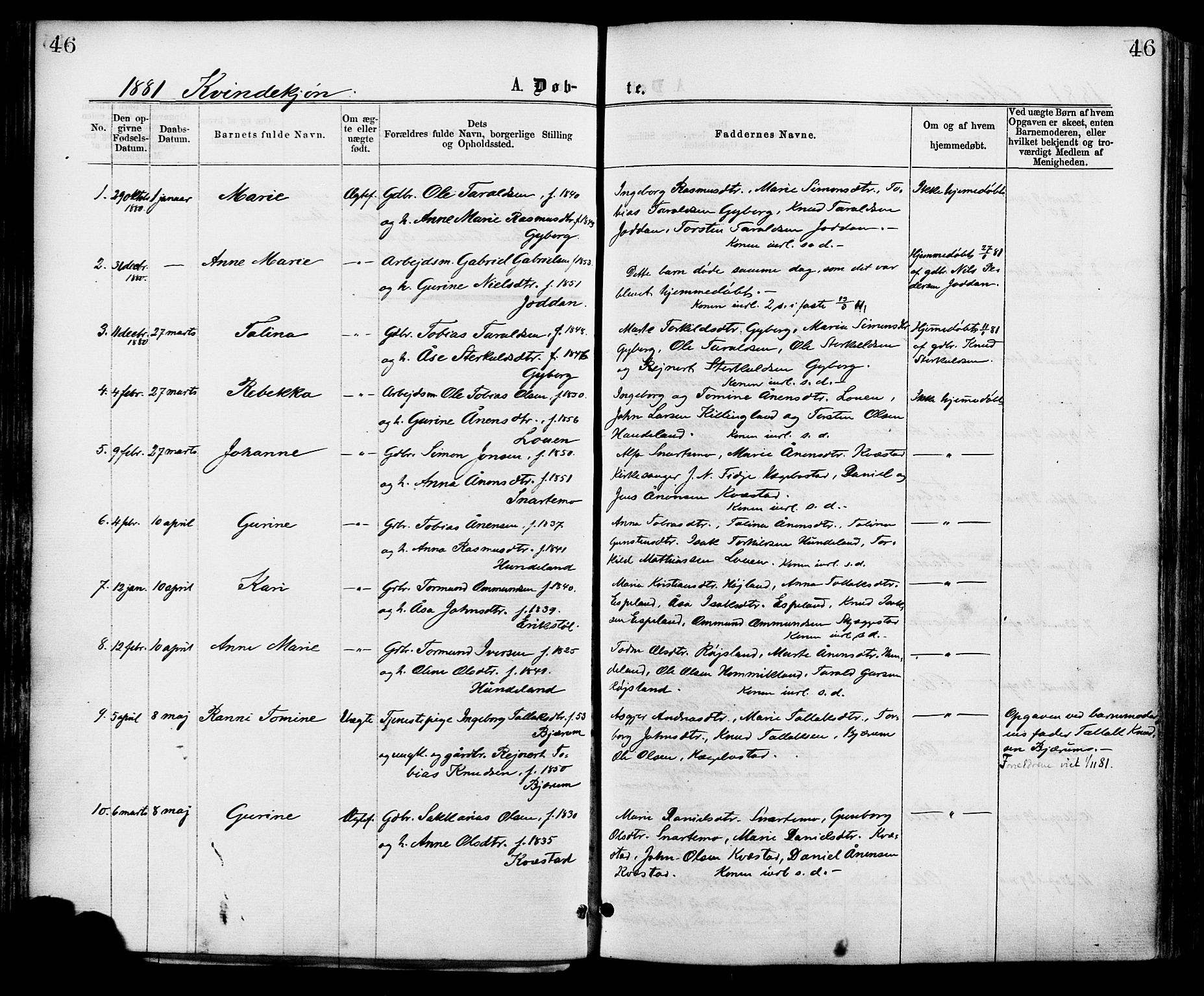 Hægebostad sokneprestkontor, AV/SAK-1111-0024/F/Fa/Faa/L0005: Parish register (official) no. A 5, 1864-1886, p. 46