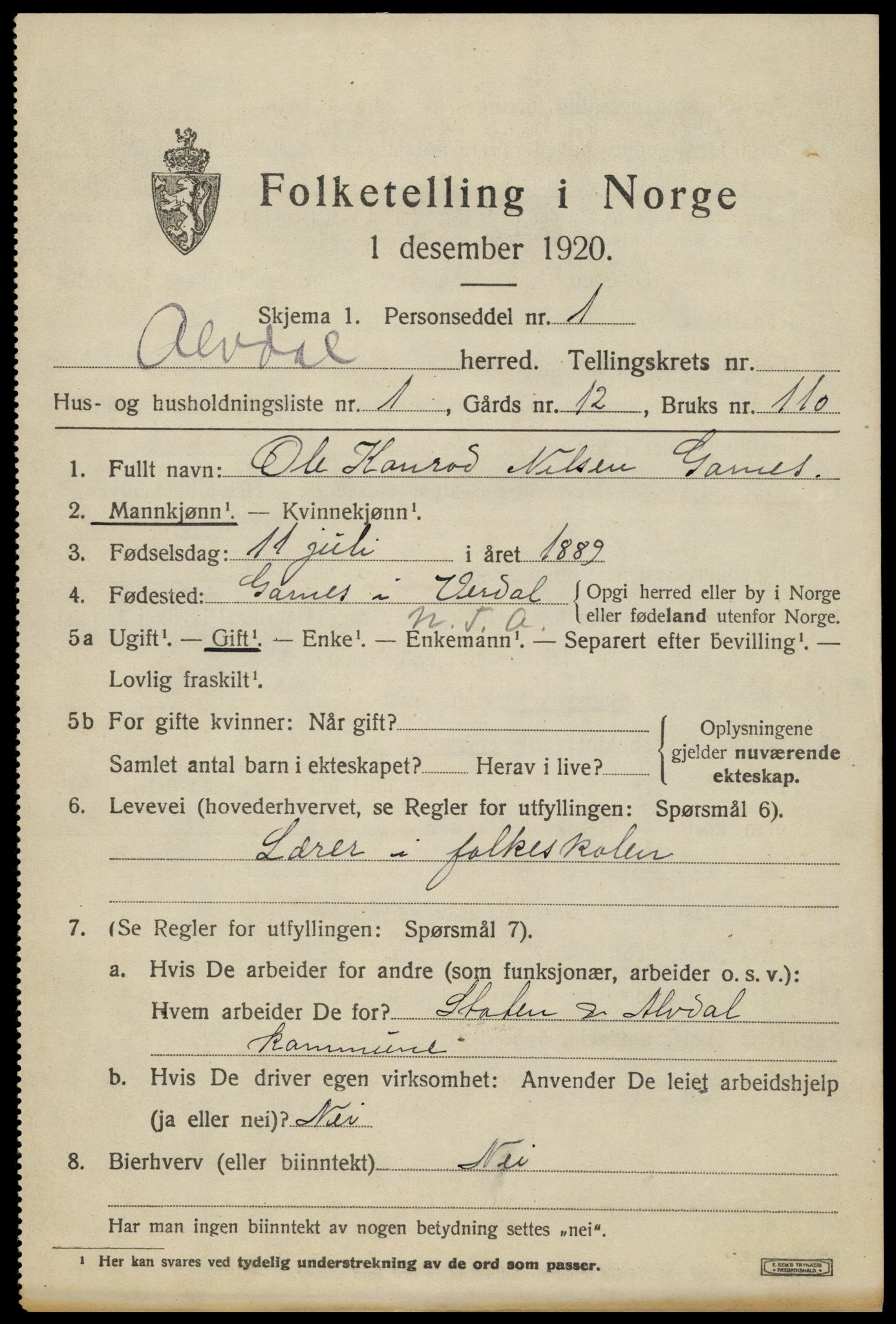 SAH, 1920 census for Alvdal, 1920, p. 3520