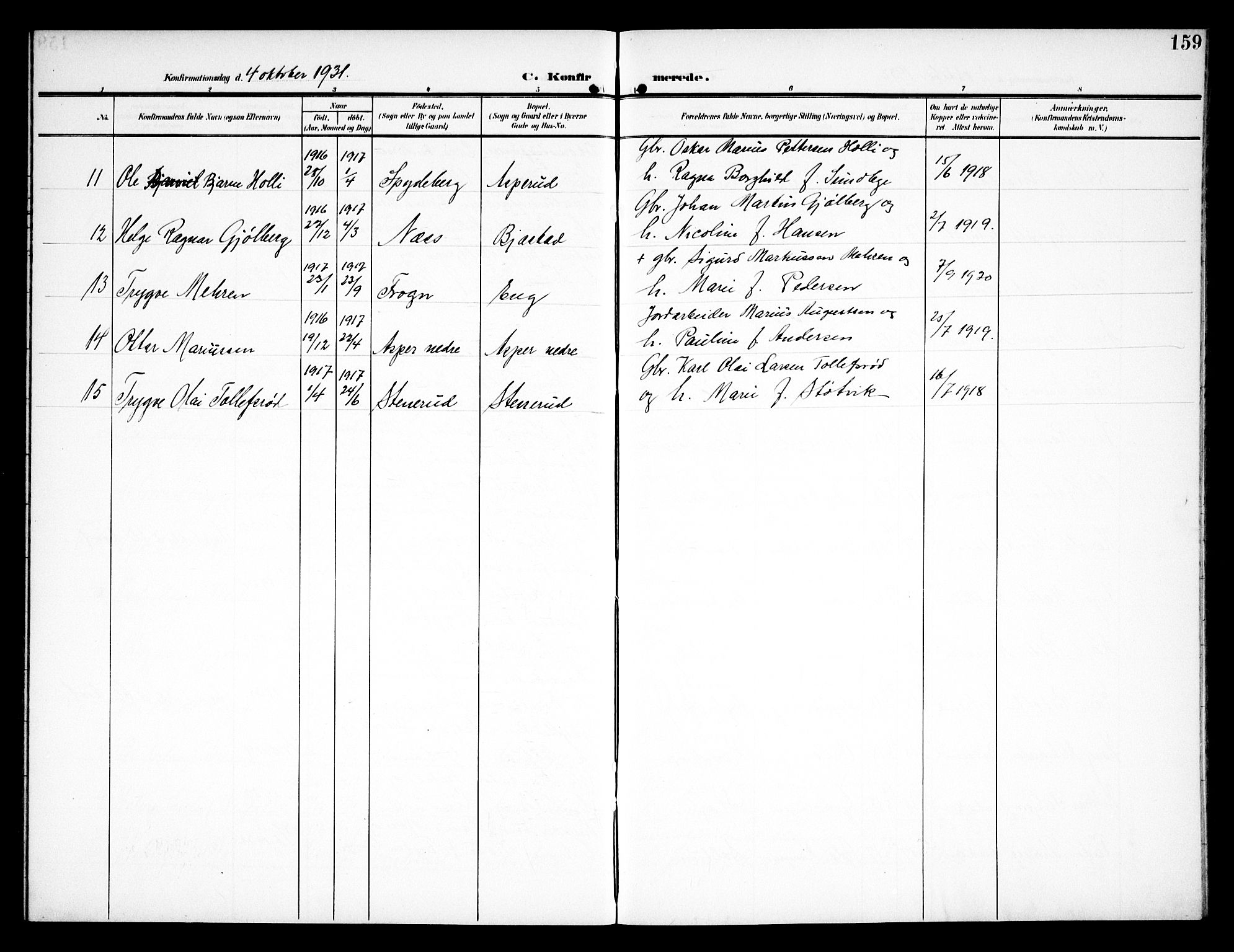 Kråkstad prestekontor Kirkebøker, AV/SAO-A-10125a/G/Ga/L0002: Parish register (copy) no. I 2, 1905-1934, p. 159