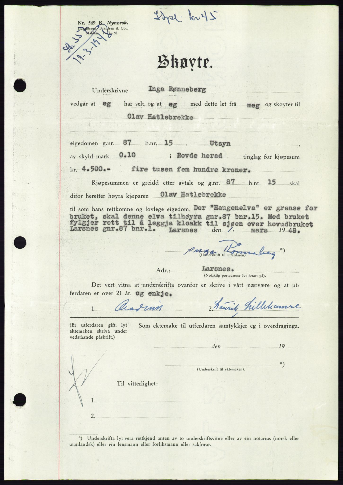 Søre Sunnmøre sorenskriveri, AV/SAT-A-4122/1/2/2C/L0082: Mortgage book no. 8A, 1948-1948, Diary no: : 357/1948