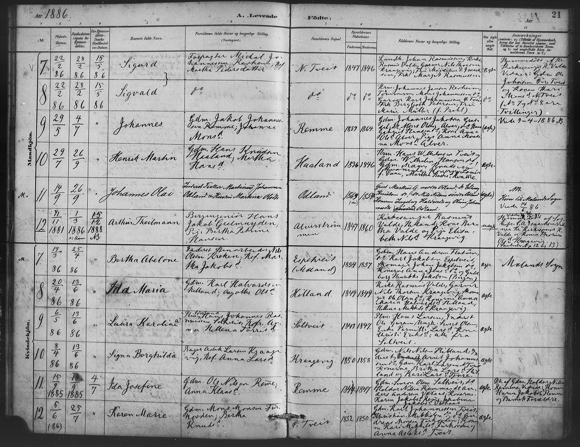 Alversund Sokneprestembete, AV/SAB-A-73901/H/Ha/Haa/Haaa/L0001: Parish register (official) no. A 1, 1882-1896, p. 21