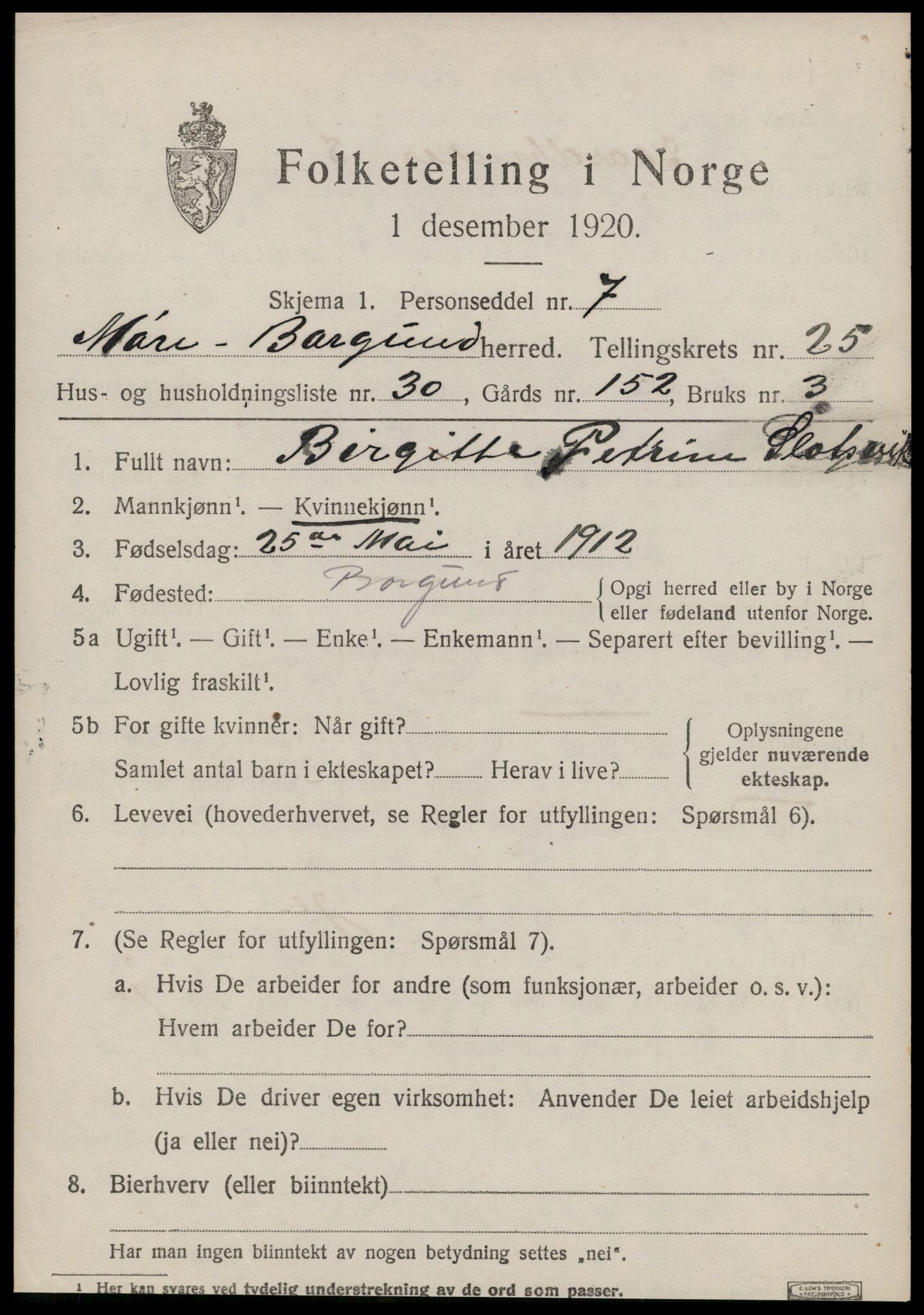 SAT, 1920 census for Borgund, 1920, p. 17316