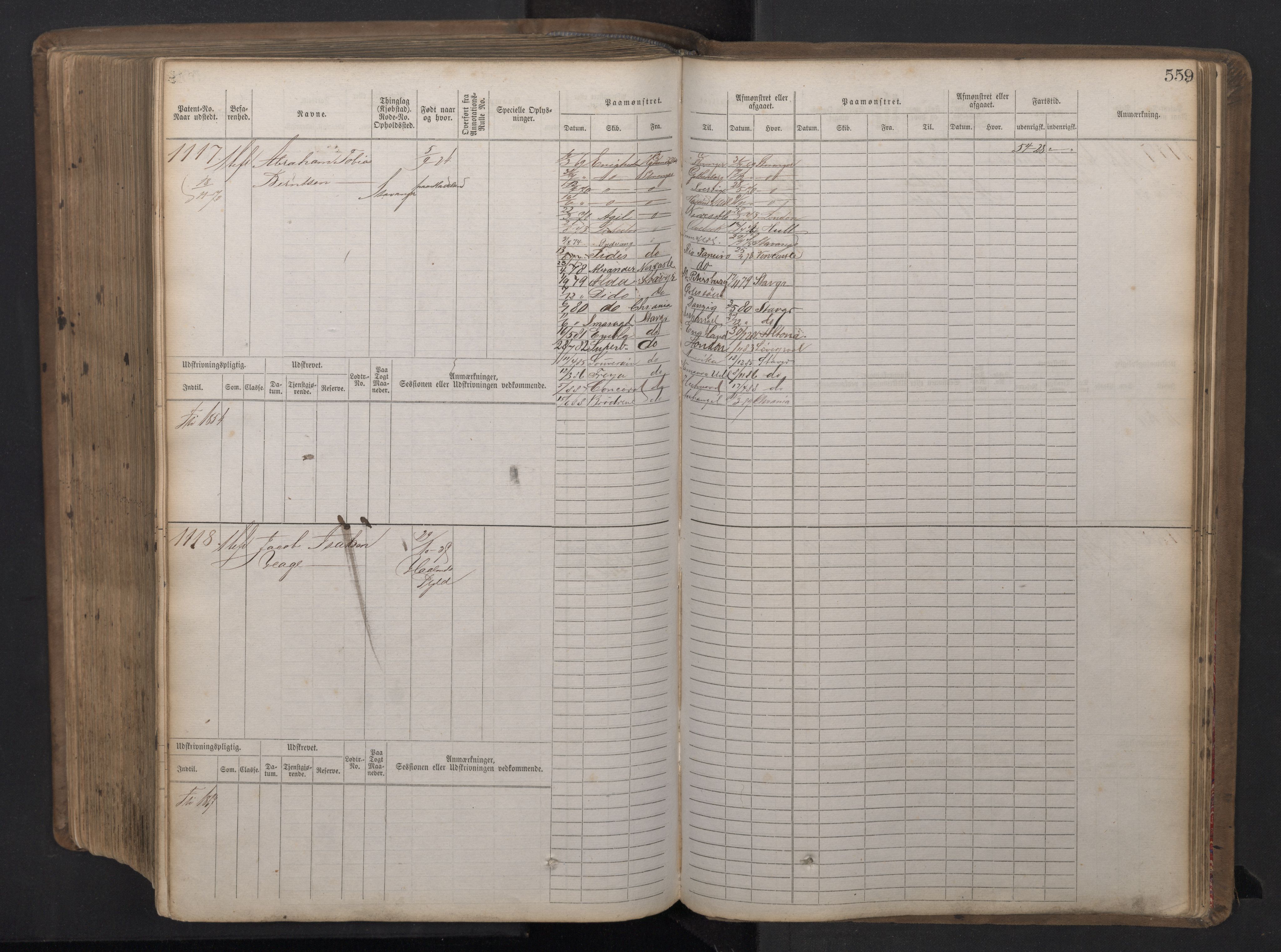 Stavanger sjømannskontor, AV/SAST-A-102006/F/Fb/Fbb/L0016: Sjøfartshovedrulle patnentnr. 1-1202 (dublett), 1869, p. 559