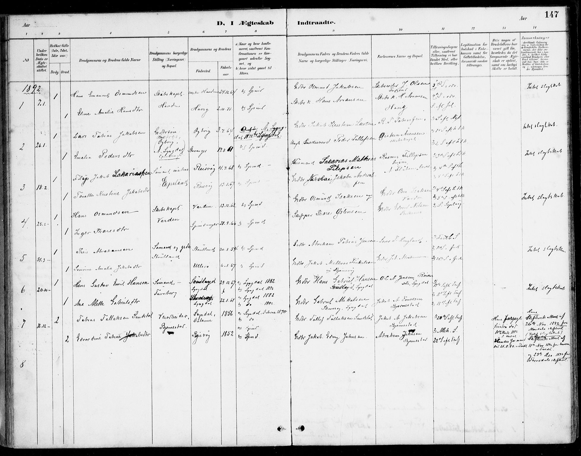 Herad sokneprestkontor, AV/SAK-1111-0018/F/Fa/Fab/L0005: Parish register (official) no. A 5, 1886-1913, p. 147