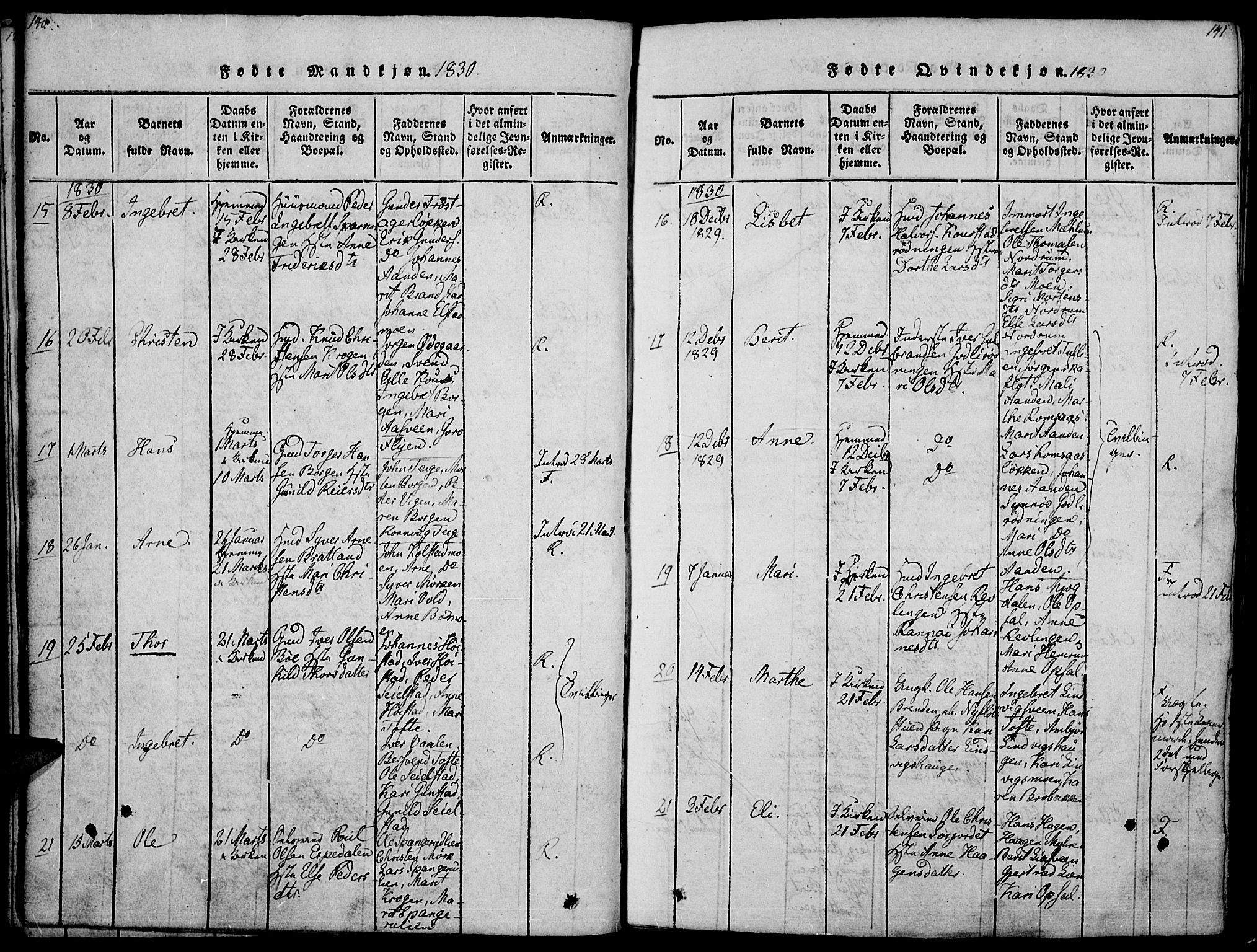 Ringebu prestekontor, AV/SAH-PREST-082/H/Ha/Haa/L0004: Parish register (official) no. 4, 1821-1839, p. 140-141