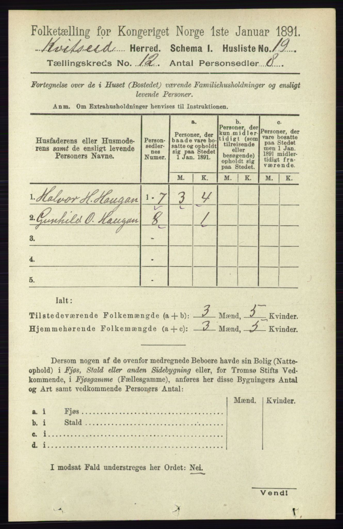 RA, 1891 census for 0829 Kviteseid, 1891, p. 2832