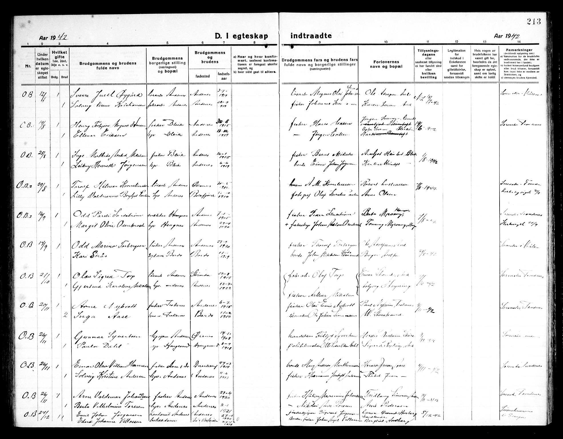 Ministerialprotokoller, klokkerbøker og fødselsregistre - Nordland, SAT/A-1459/899/L1450: Parish register (copy) no. 899C05, 1918-1945, p. 213