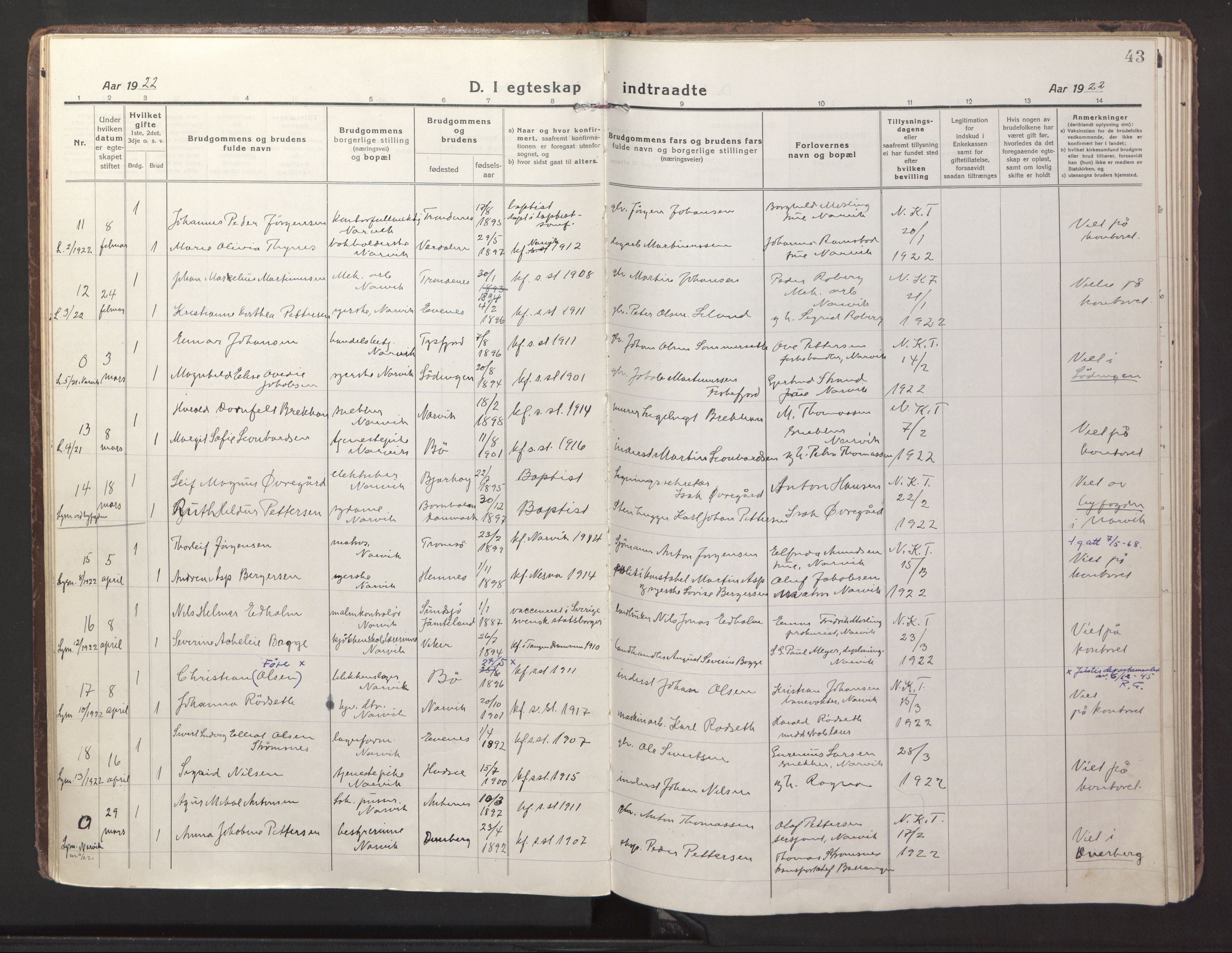 Ministerialprotokoller, klokkerbøker og fødselsregistre - Nordland, AV/SAT-A-1459/871/L1002: Parish register (official) no. 871A18, 1917-1926, p. 43