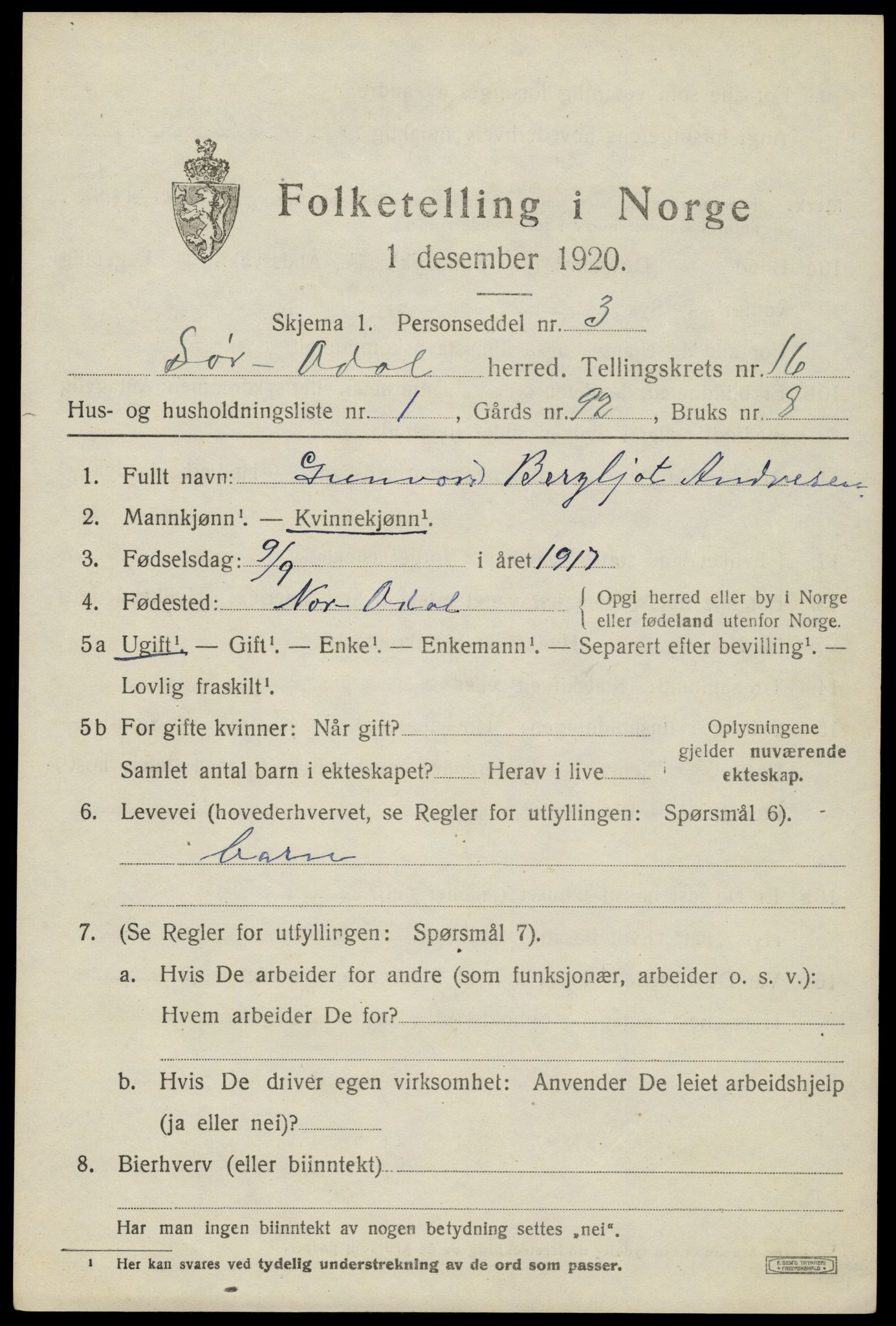 SAH, 1920 census for Sør-Odal, 1920, p. 16283