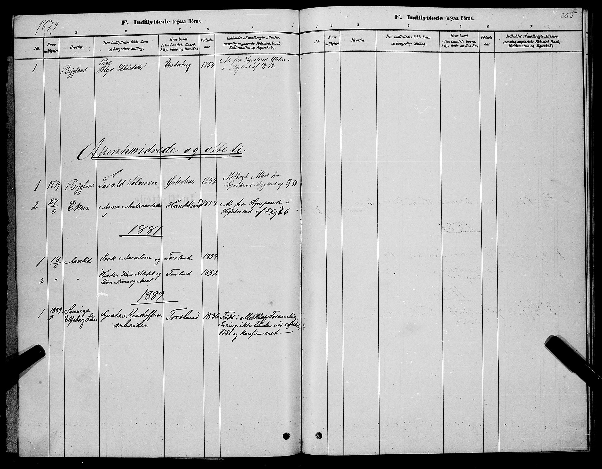 Åseral sokneprestkontor, SAK/1111-0051/F/Fb/L0002: Parish register (copy) no. B 2, 1878-1899, p. 255