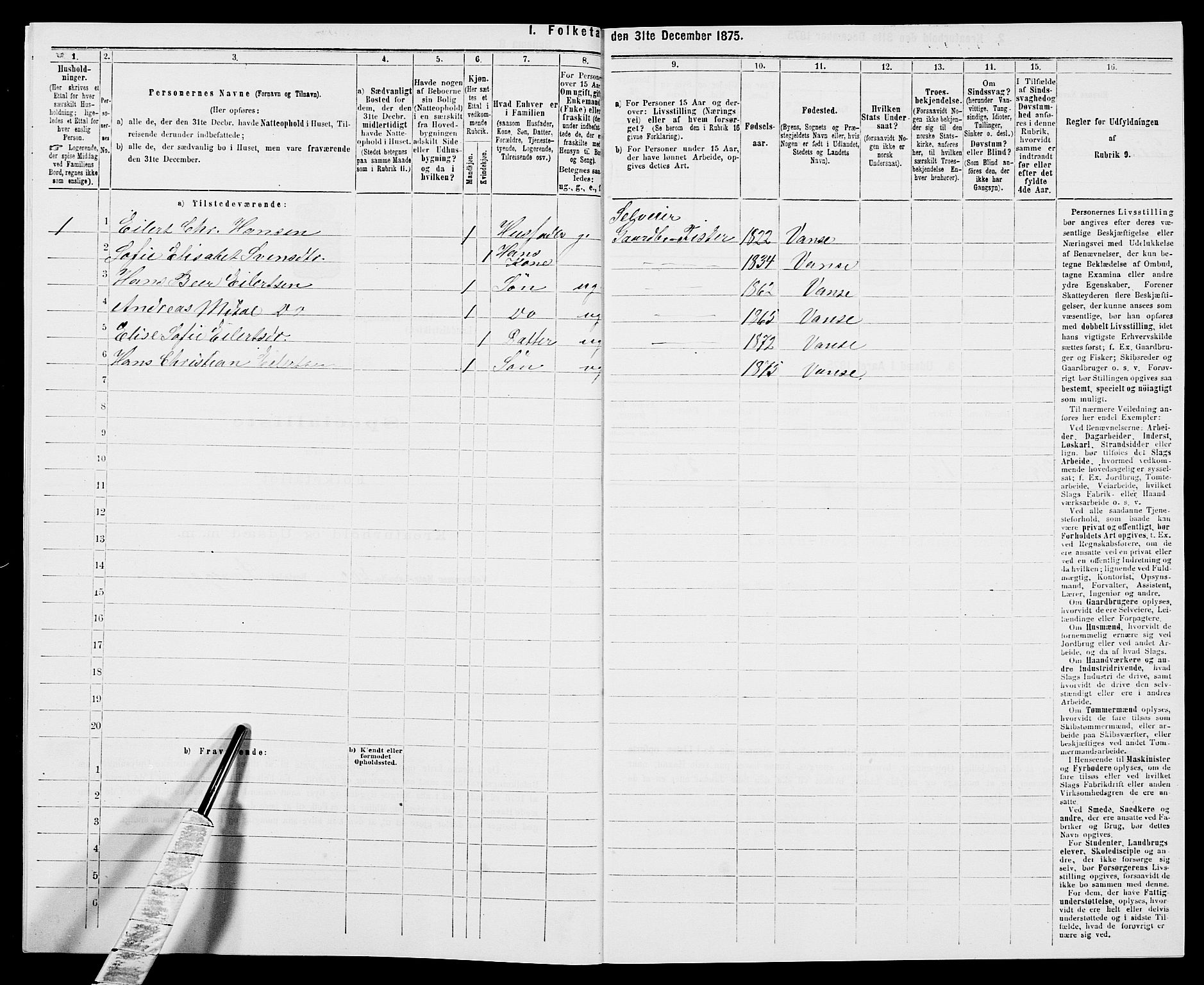 SAK, 1875 census for 1041L Vanse/Vanse og Farsund, 1875, p. 1484