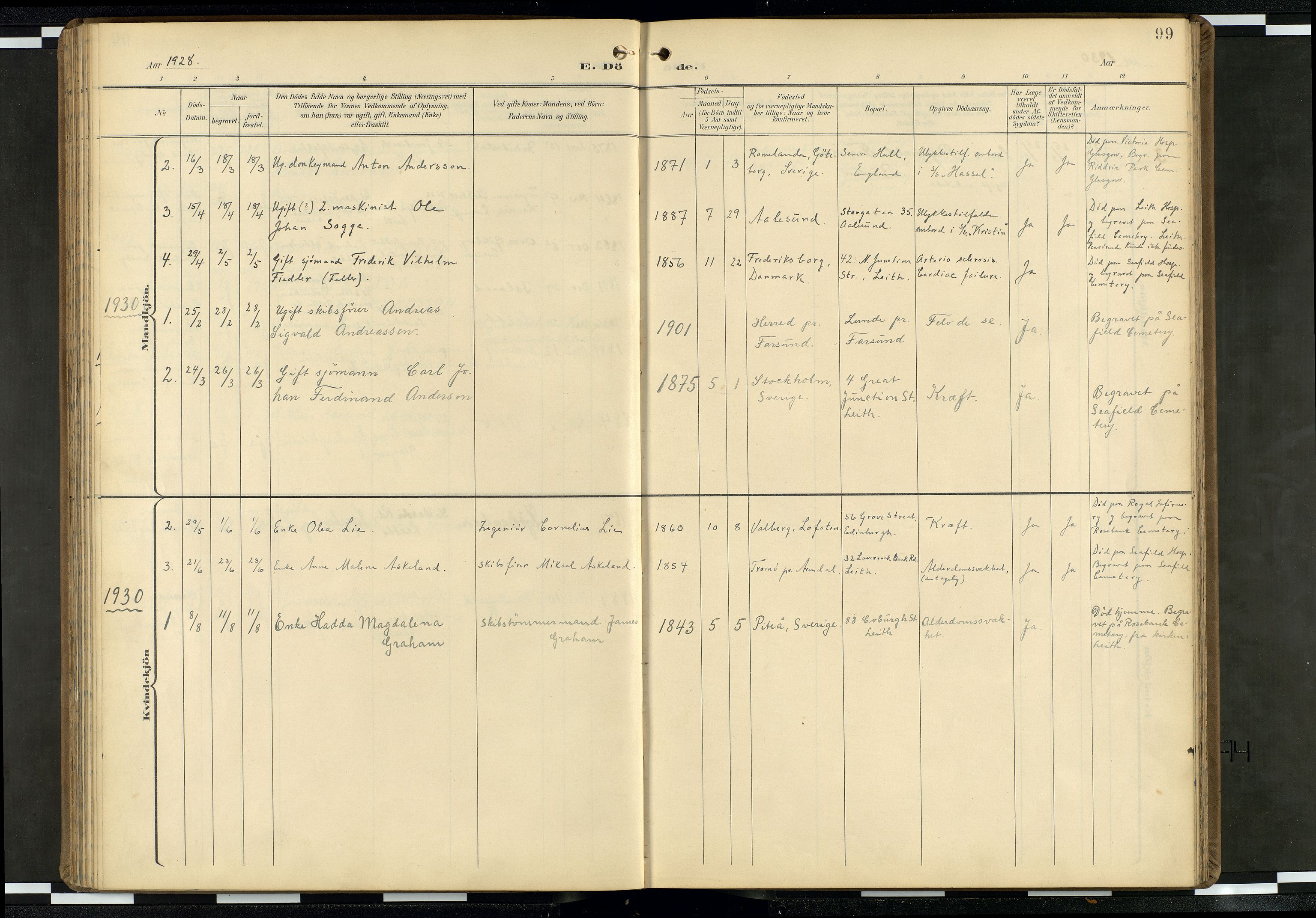 Den norske sjømannsmisjon i utlandet/Skotske havner (Leith, Glasgow), SAB/SAB/PA-0100/H/Ha/Haa/L0004: Parish register (official) no. A 4, 1899-1949, p. 98b-99a