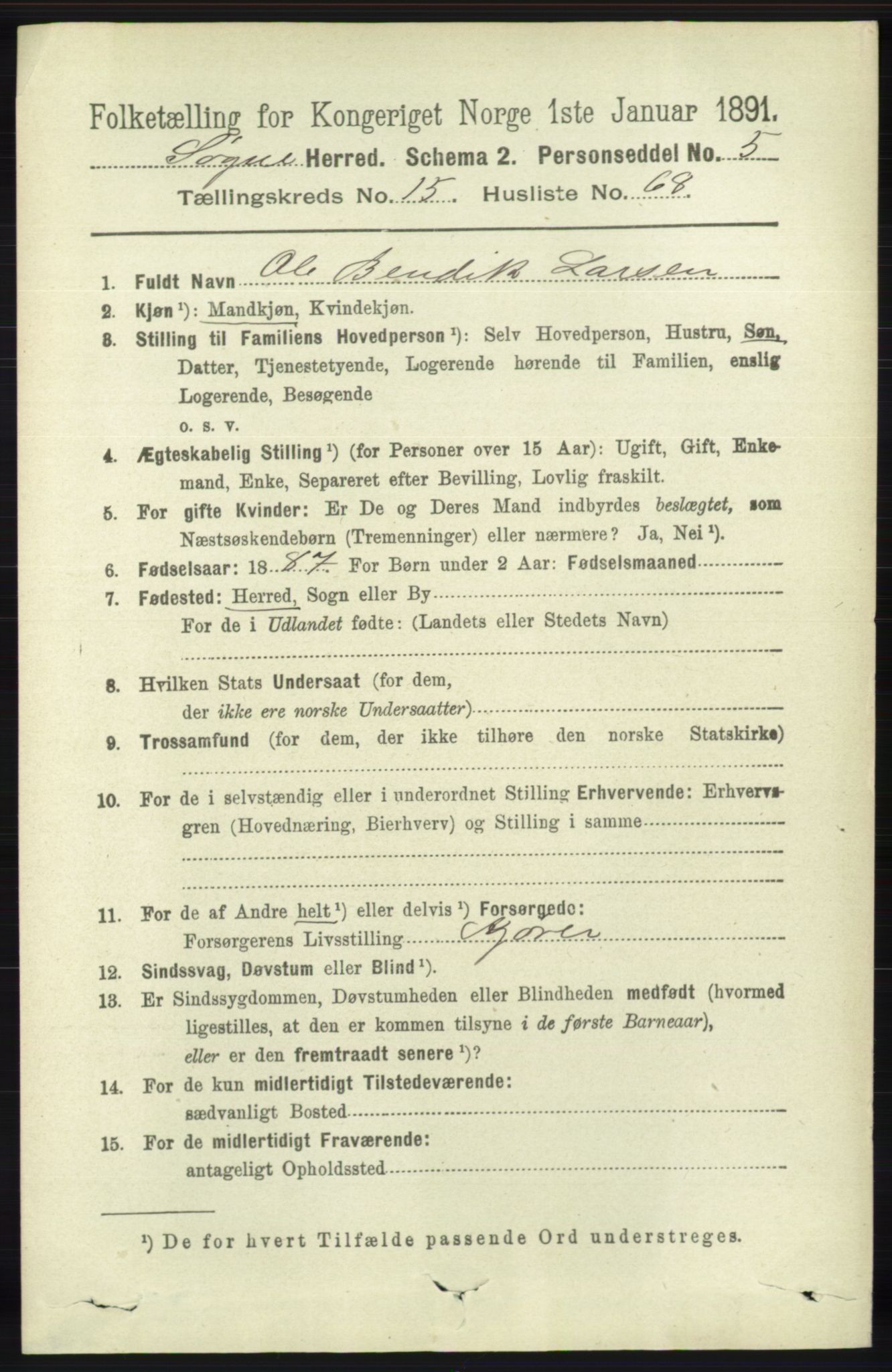 RA, 1891 census for 1018 Søgne, 1891, p. 4222