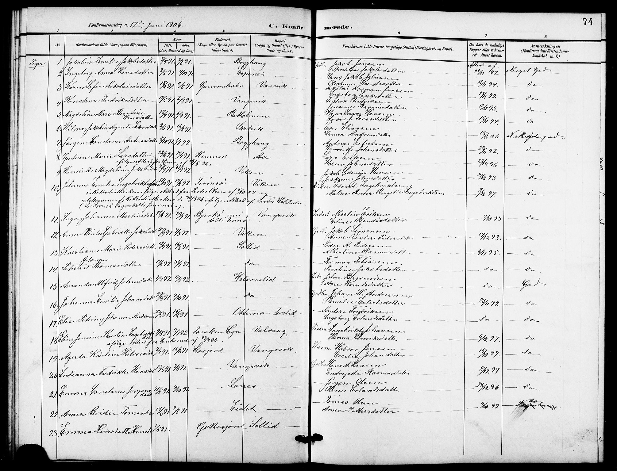 Tranøy sokneprestkontor, SATØ/S-1313/I/Ia/Iab/L0005klokker: Parish register (copy) no. 5, 1902-1919, p. 74