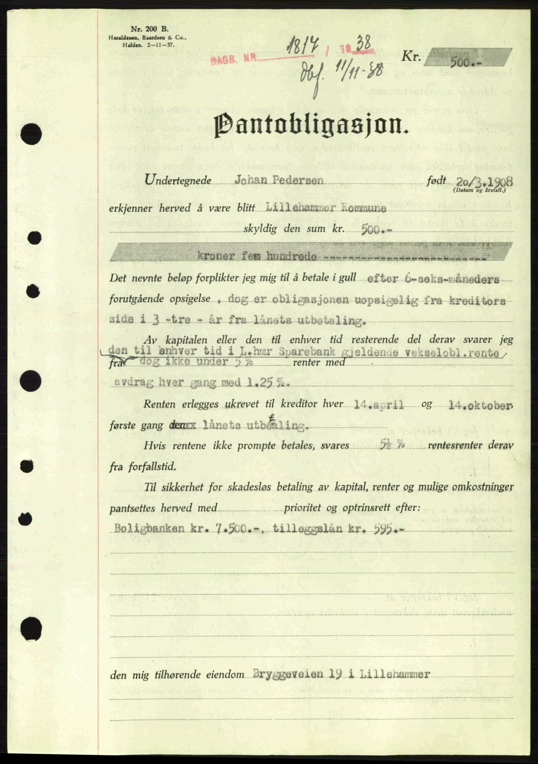 Sør-Gudbrandsdal tingrett, SAH/TING-004/H/Hb/Hbe/L0001: Mortgage book no. B1, 1936-1939, Diary no: : 1817/1938